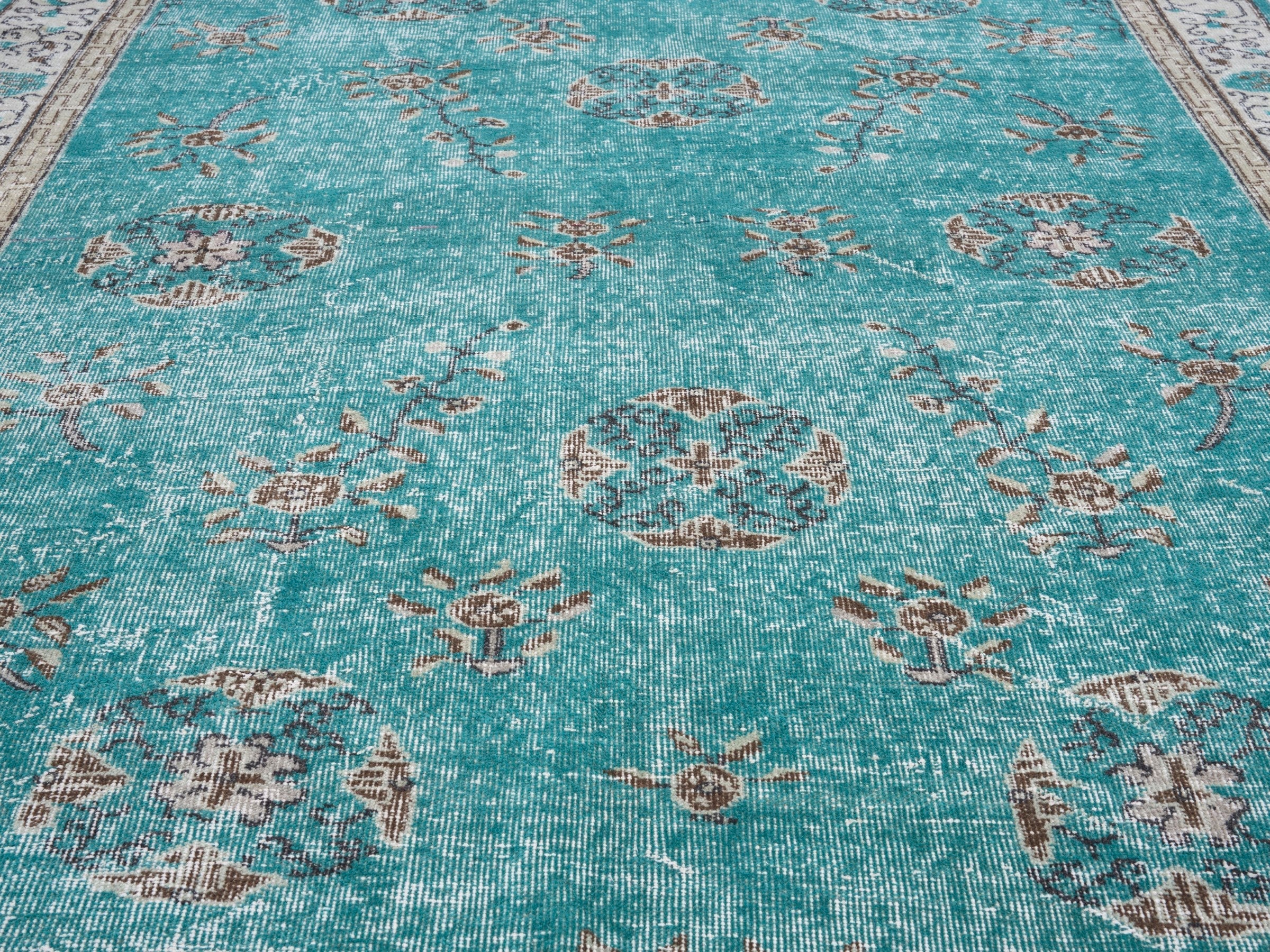 Turkish Isparta area rug in turquoise and cream, view 4 of 10