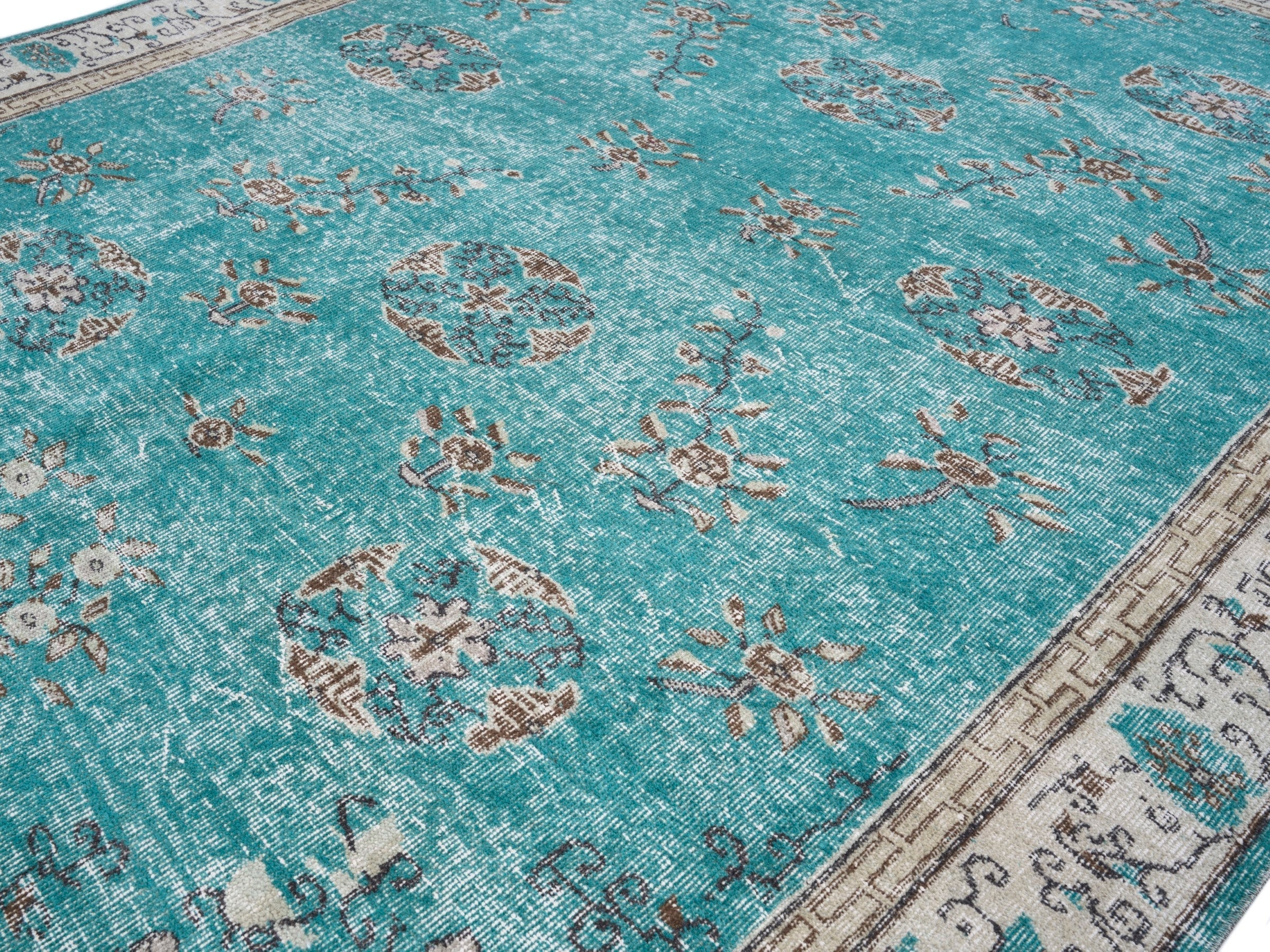 Turkish Isparta area rug in turquoise and cream, view 5 of 10