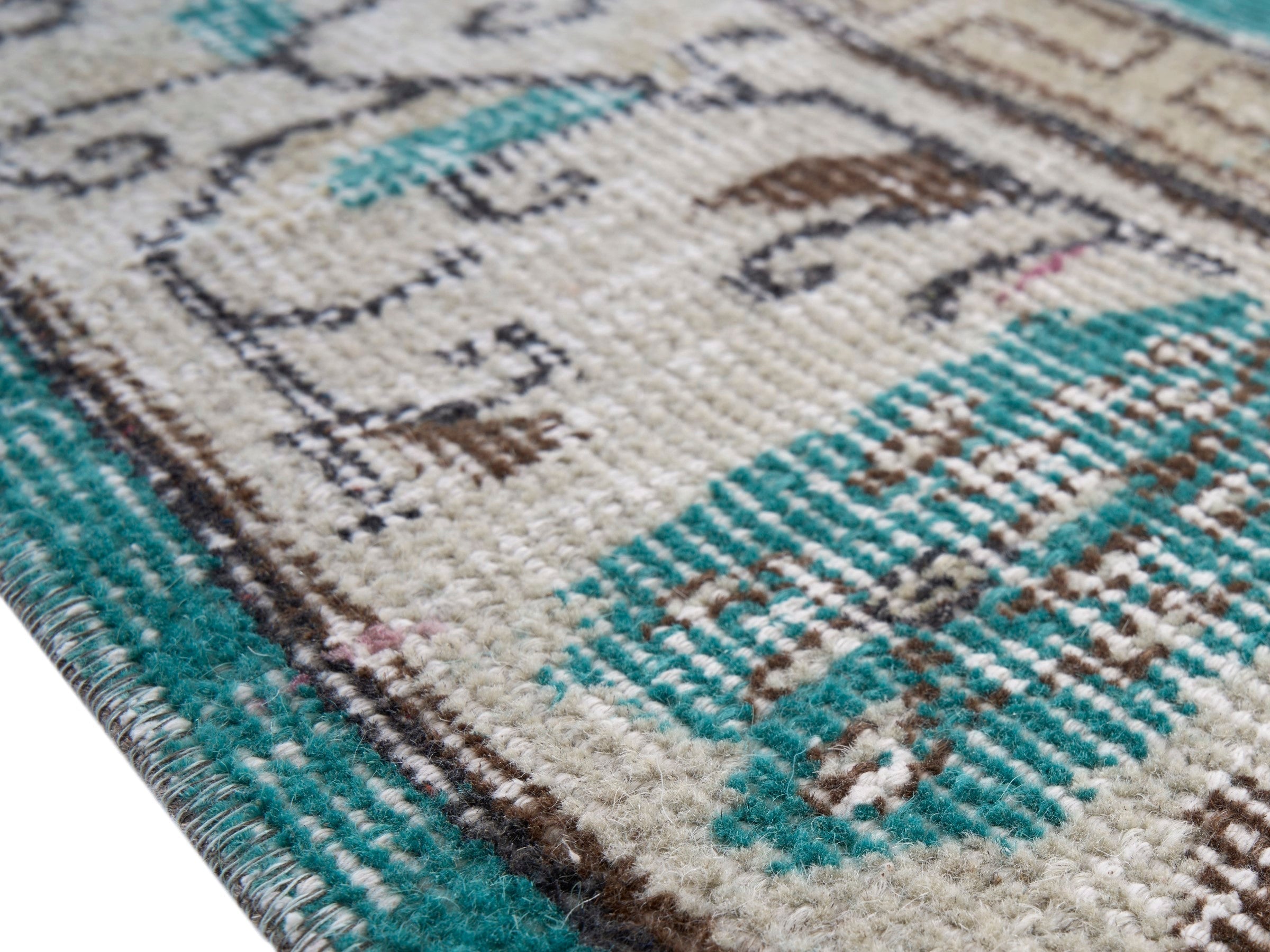 Turkish Isparta area rug in turquoise and cream, view 6 of 10