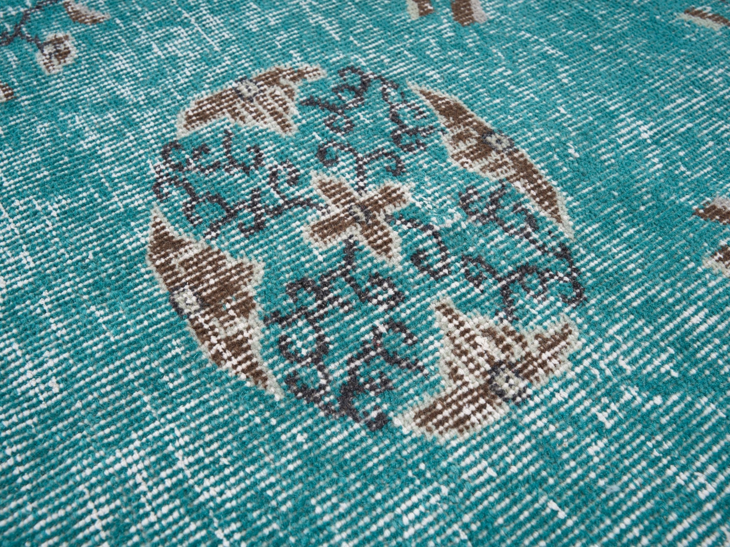 Turkish Isparta area rug in turquoise and cream, view 7 of 10