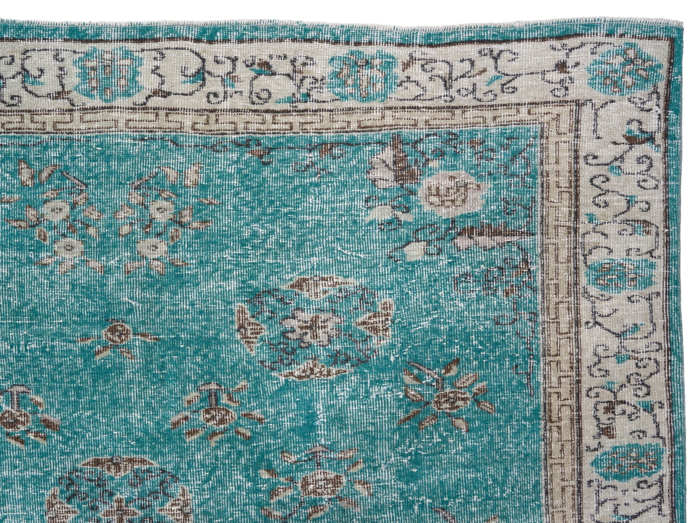 Turkish Isparta area rug in turquoise and cream, view 8 of 10