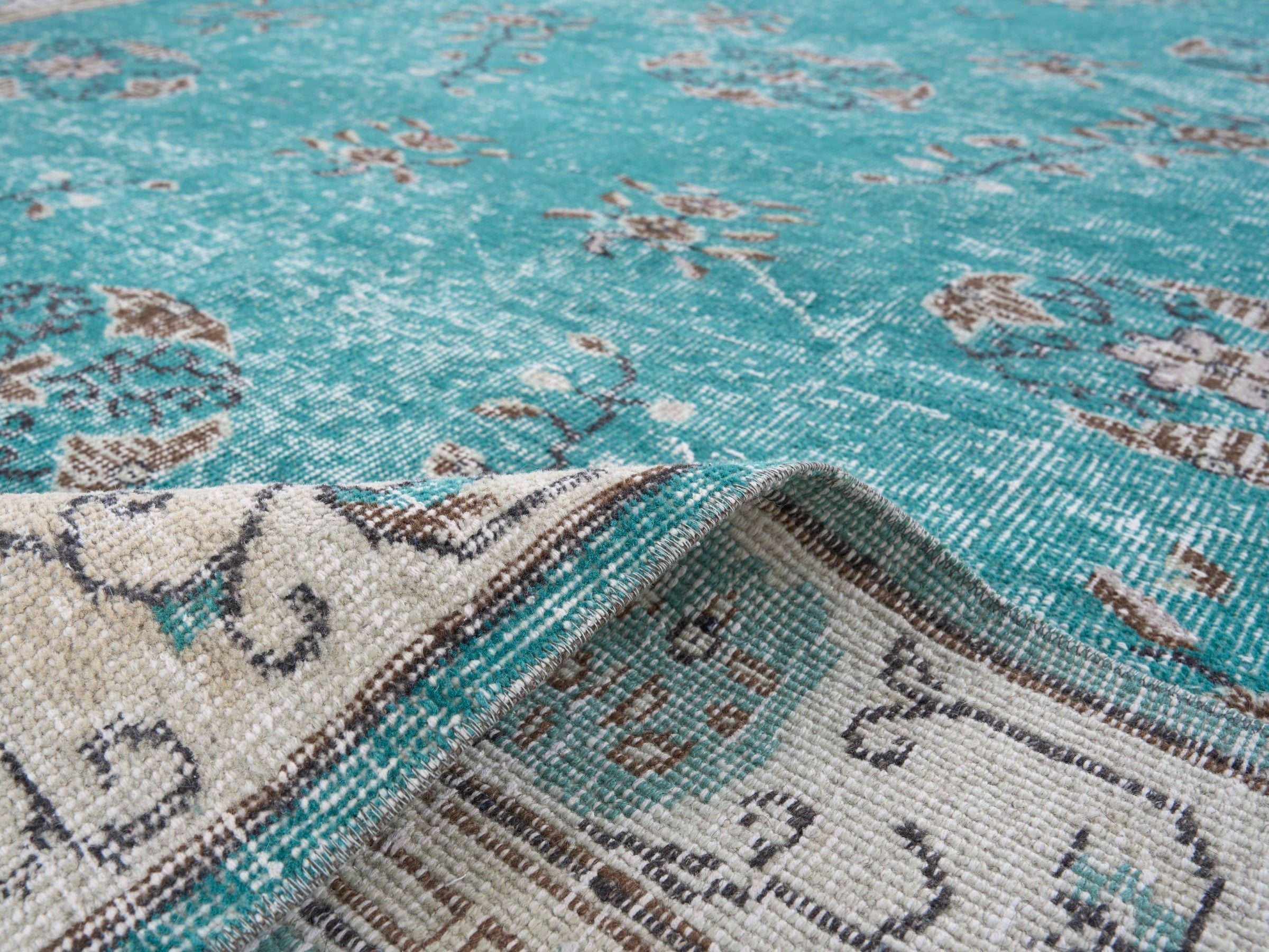 Turkish Isparta area rug in turquoise and cream, view 9 of 10