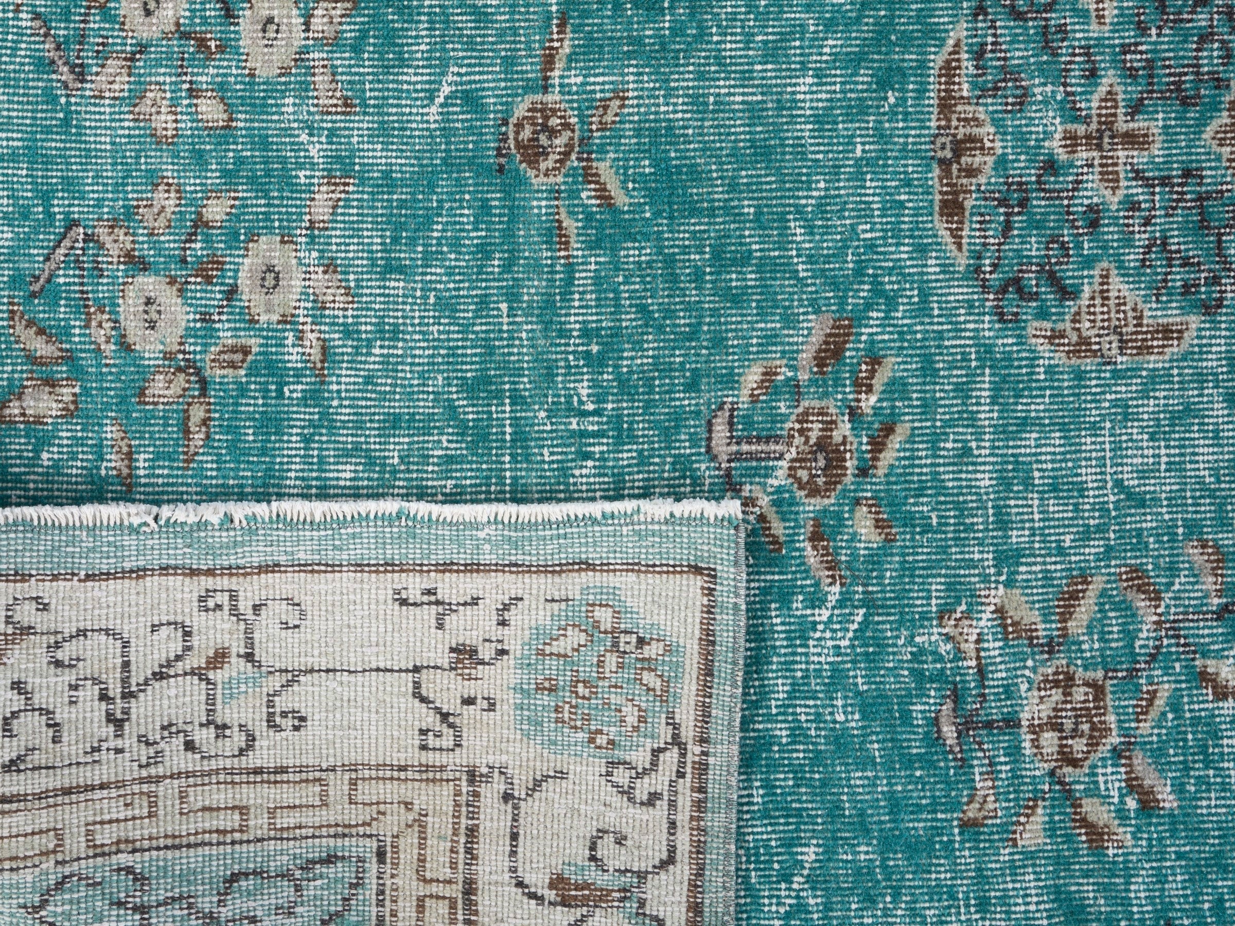 Turkish Isparta area rug in turquoise and cream, view 10 of 10