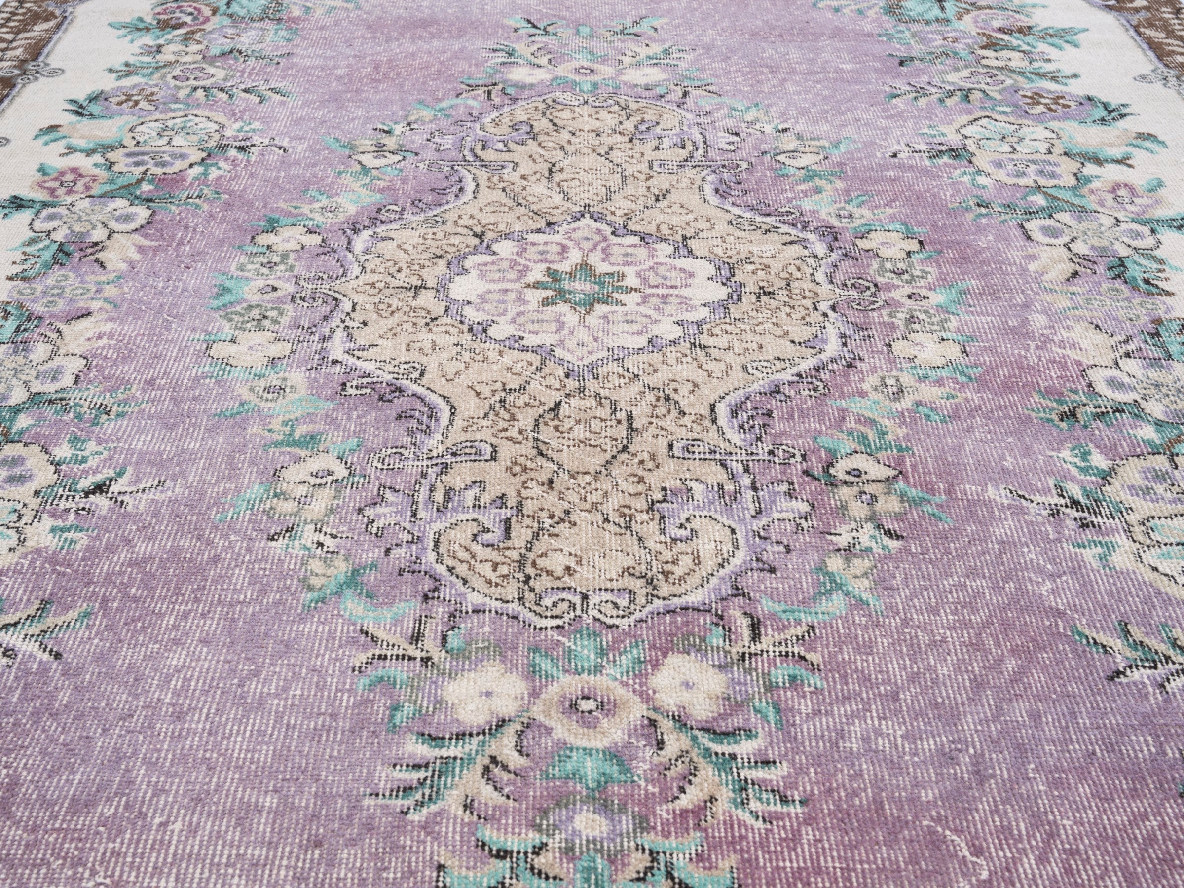 Turkish Isparta area rug in lilac and cream, view 4 of 10