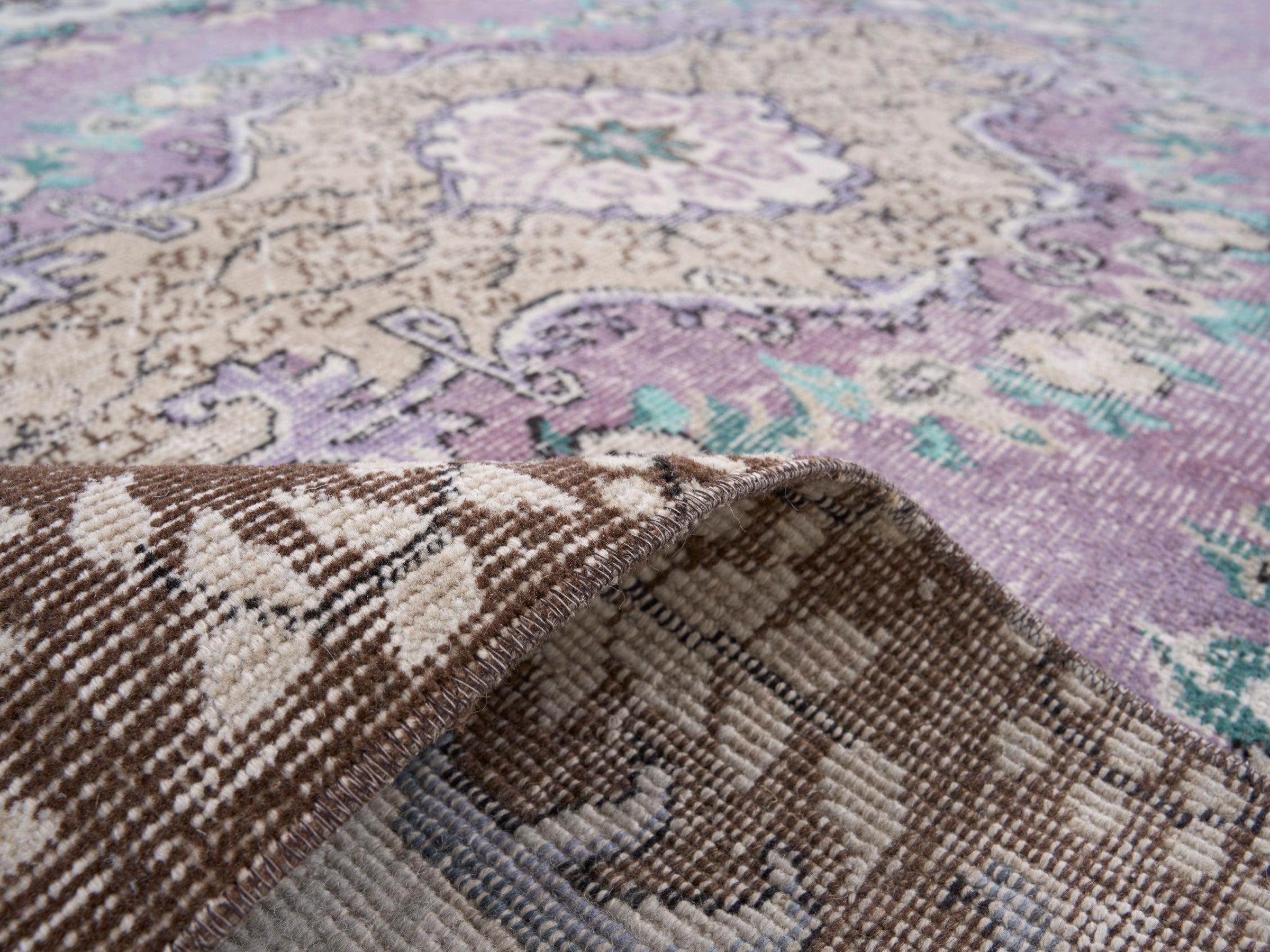 Turkish Isparta area rug in lilac and cream, view 9 of 10