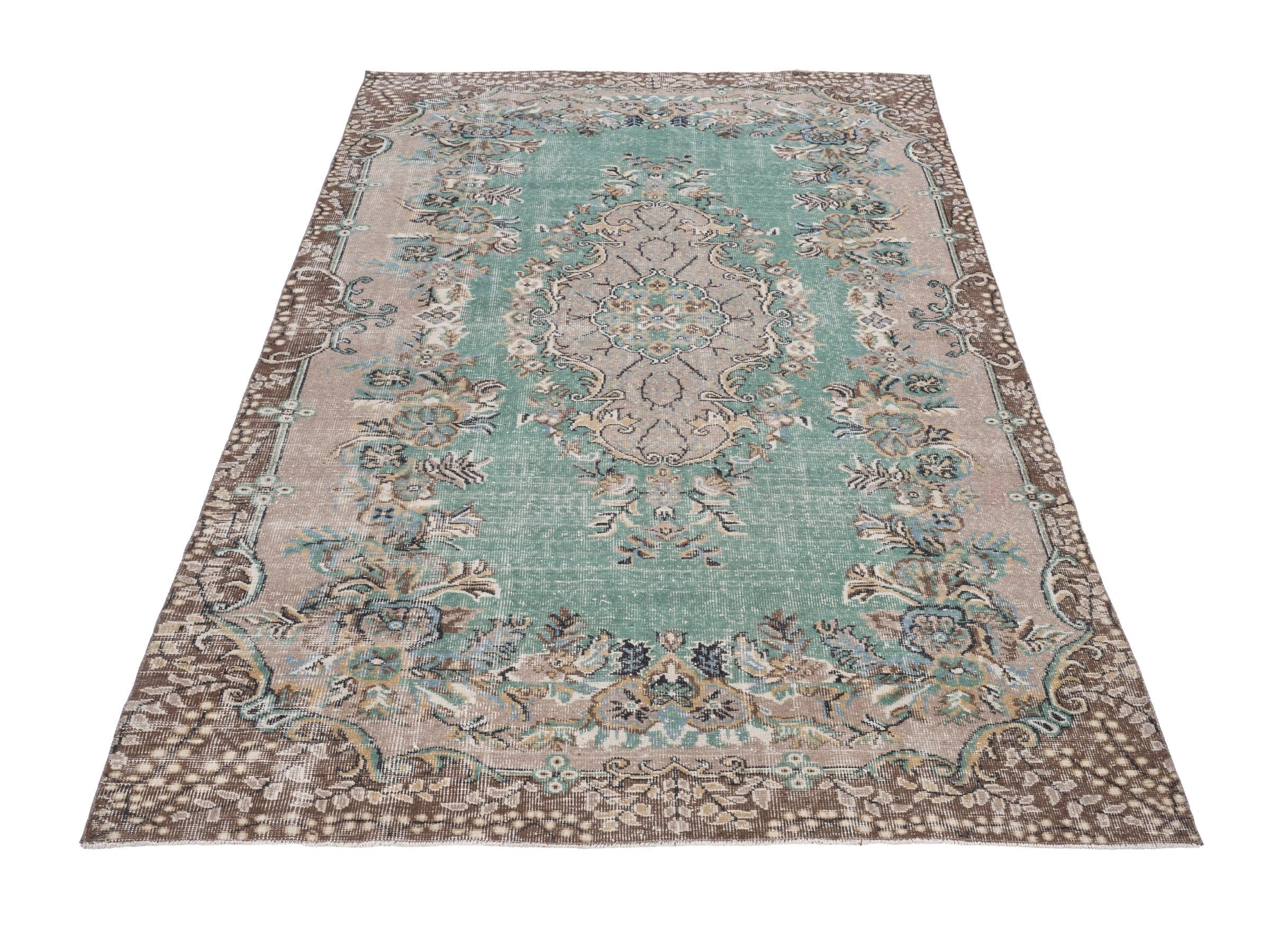 Turkish Isparta area rug in celadon and greige, view 2 of 10