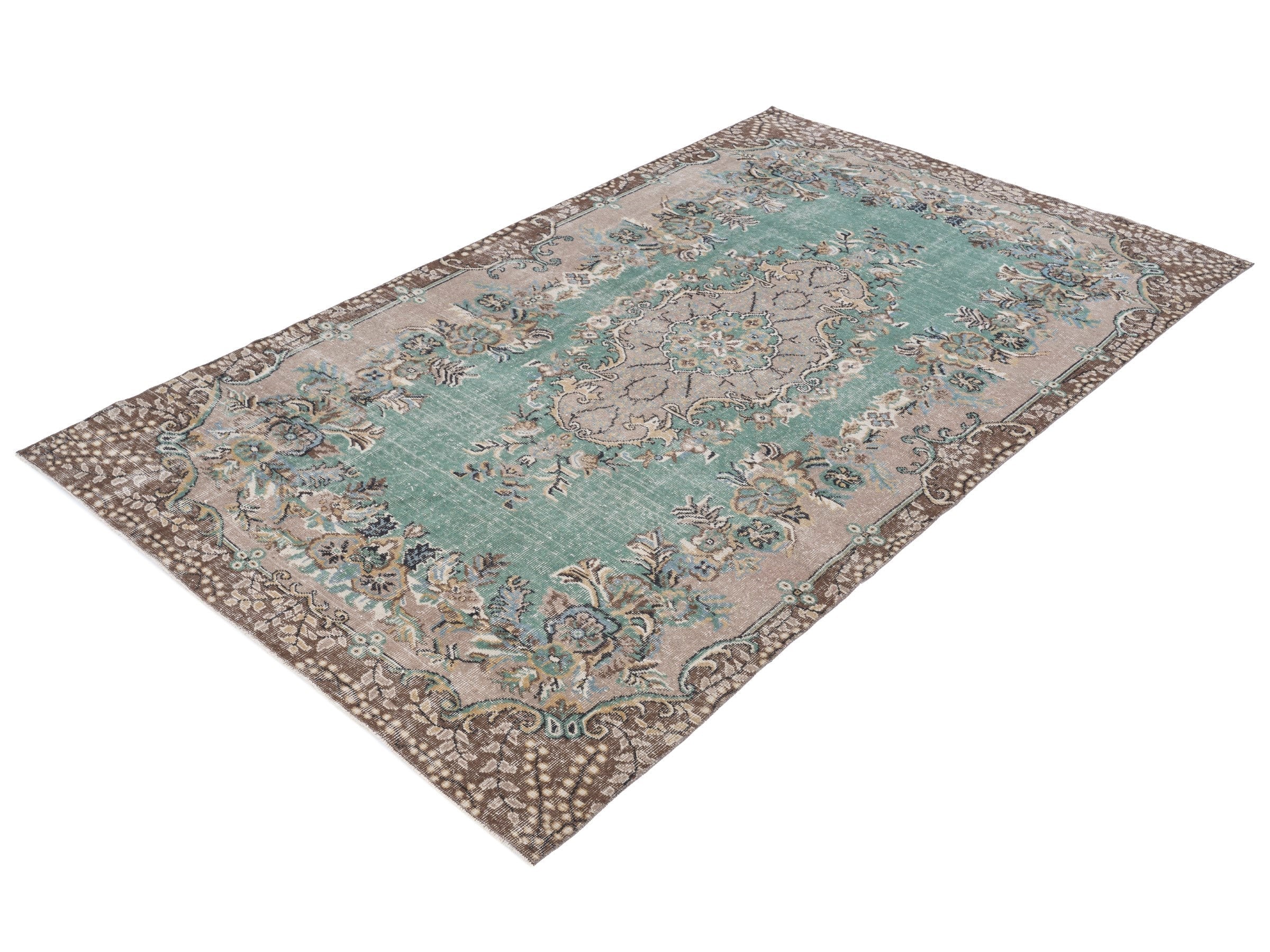 Turkish Isparta area rug in celadon and greige, view 3 of 10