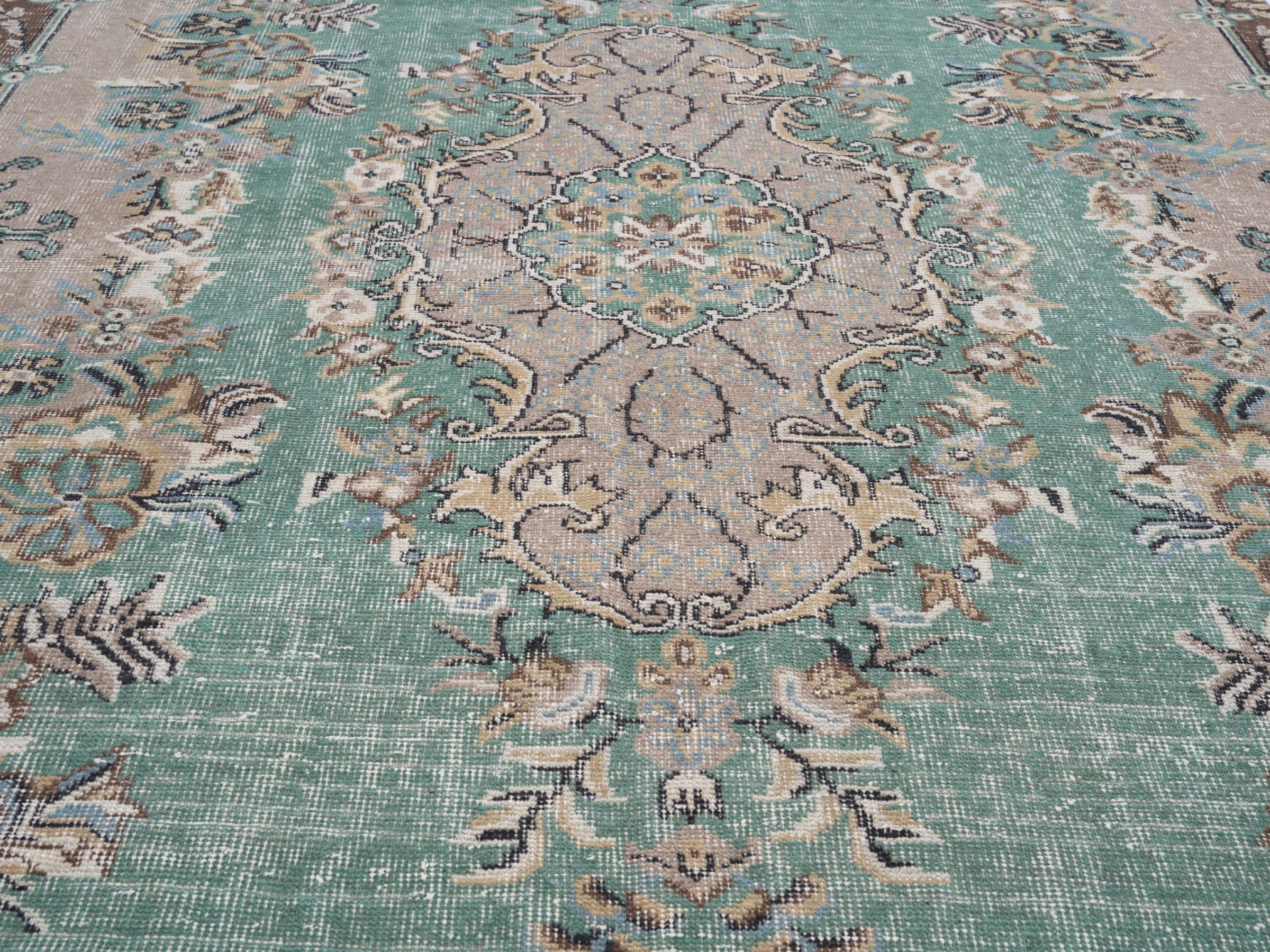 Turkish Isparta area rug in celadon and greige, view 4 of 10