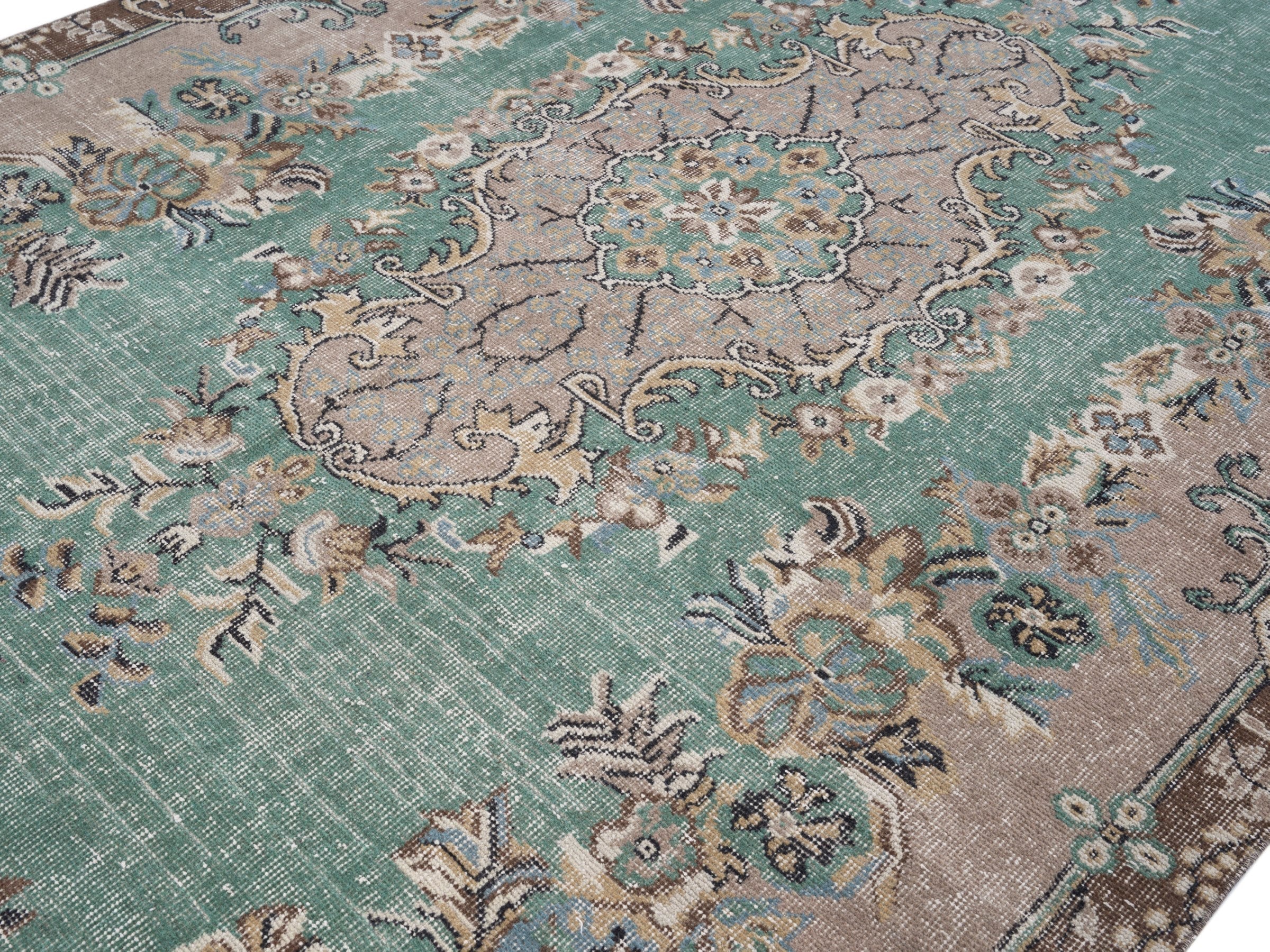 Turkish Isparta area rug in celadon and greige, view 5 of 10