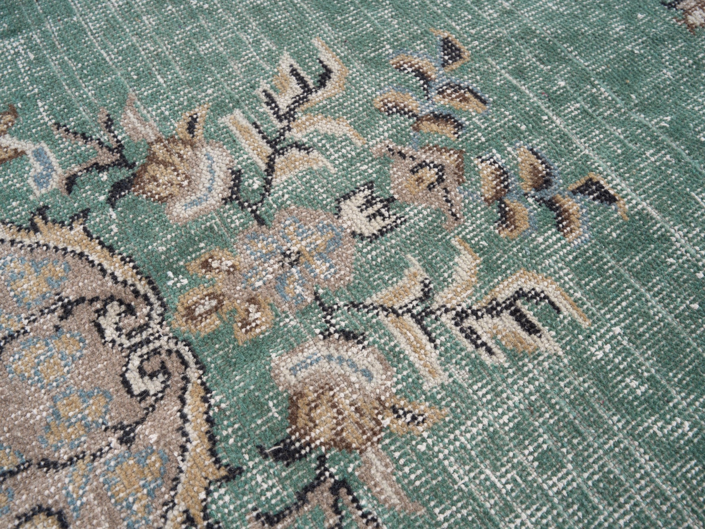 Turkish Isparta area rug in celadon and greige, view 7 of 10