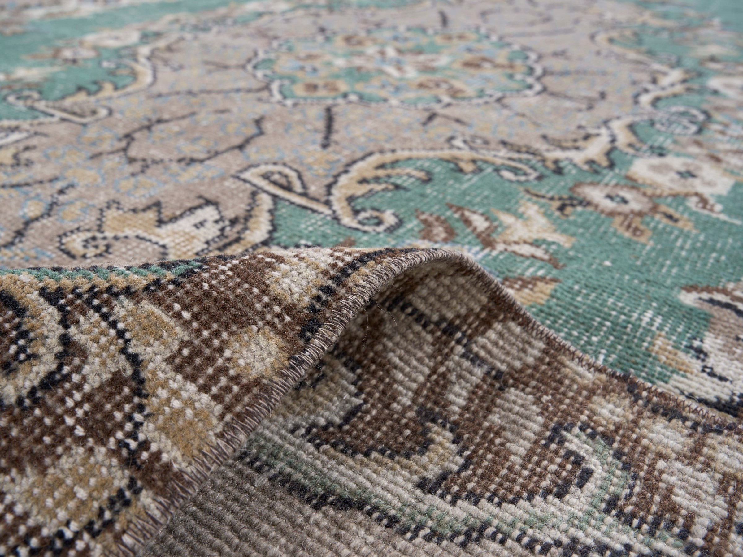 Turkish Isparta area rug in celadon and greige, view 9 of 10