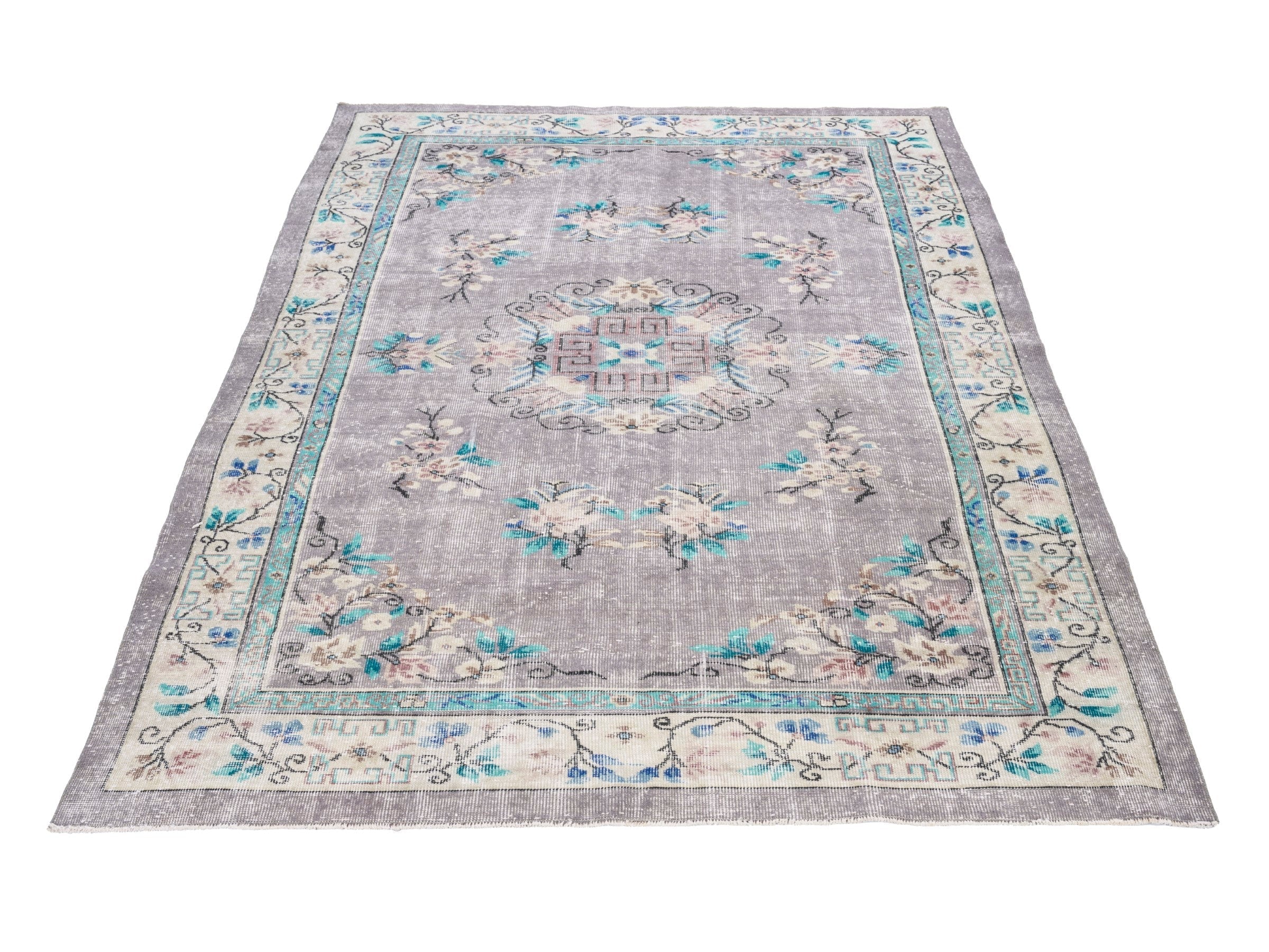 Turkish Isparta area rug in greige and turquoise, view 2 of 10