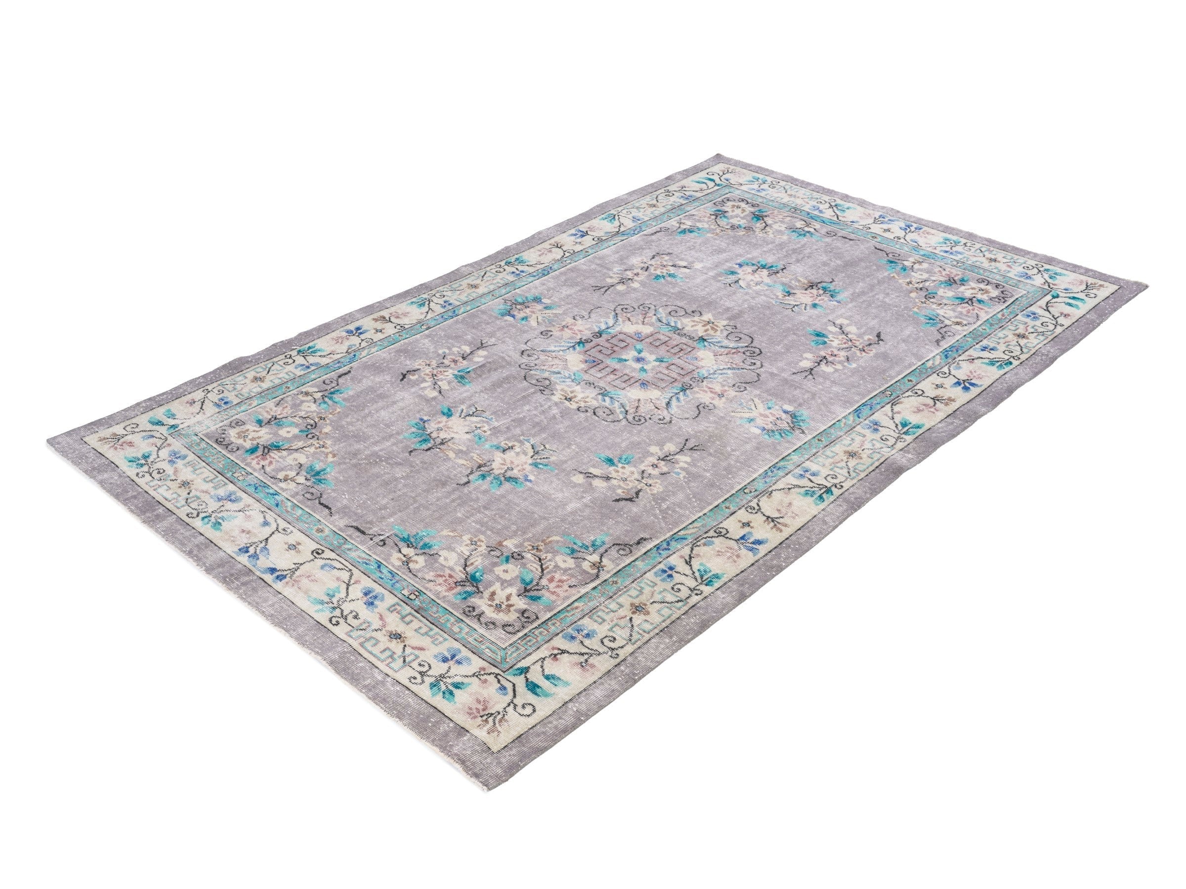 Turkish Isparta area rug in greige and turquoise, view 3 of 10