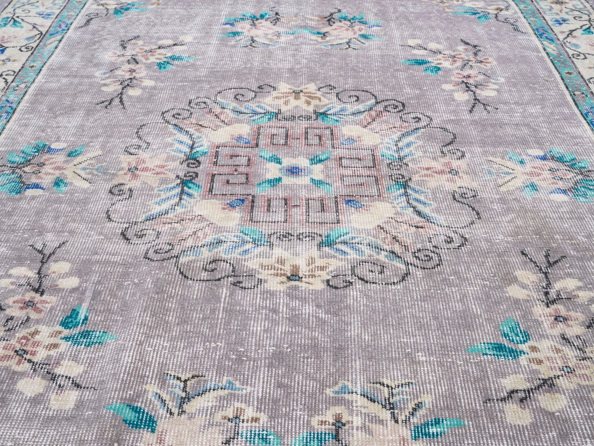Turkish Isparta area rug in greige and turquoise, view 4 of 10