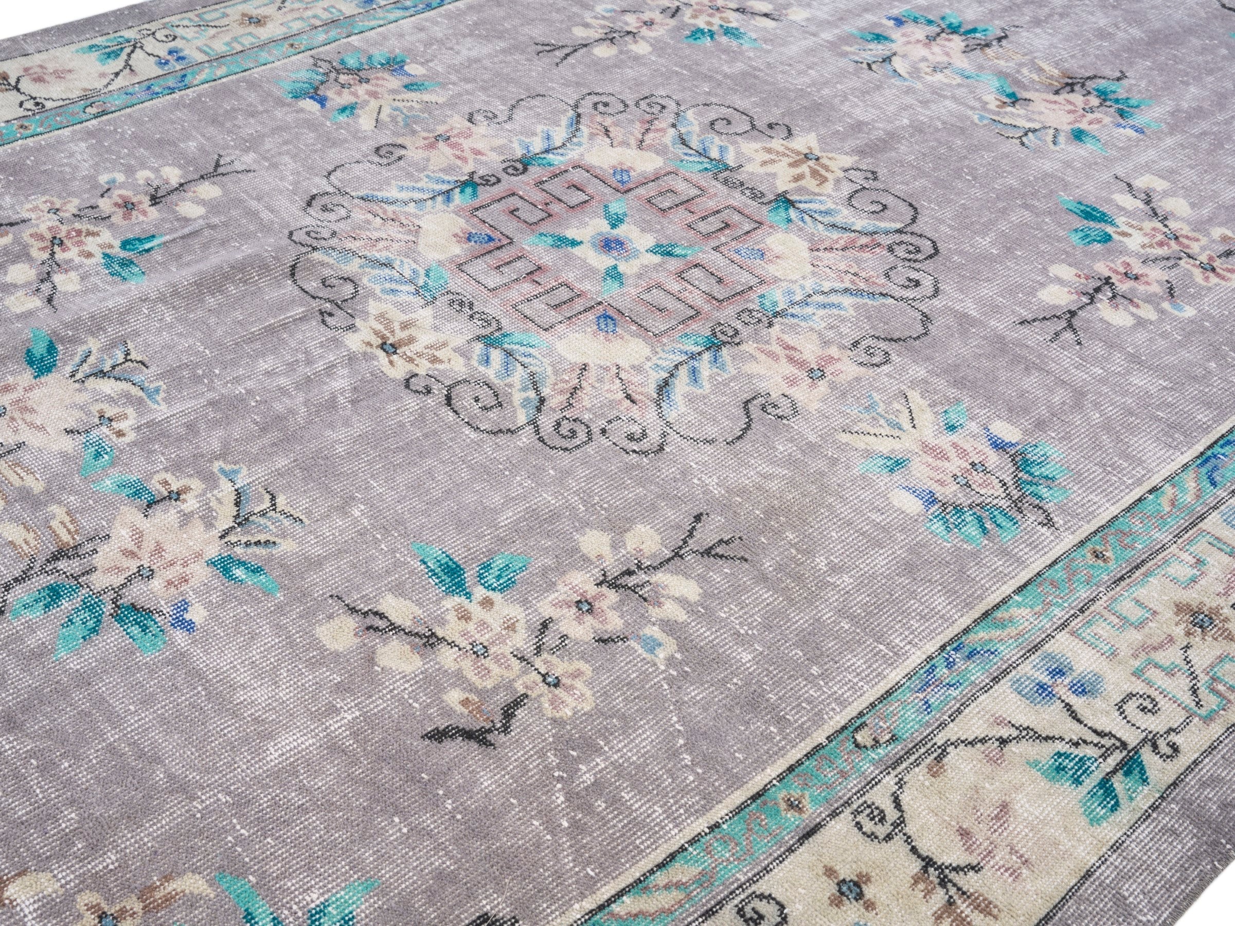 Turkish Isparta area rug in greige and turquoise, view 5 of 10