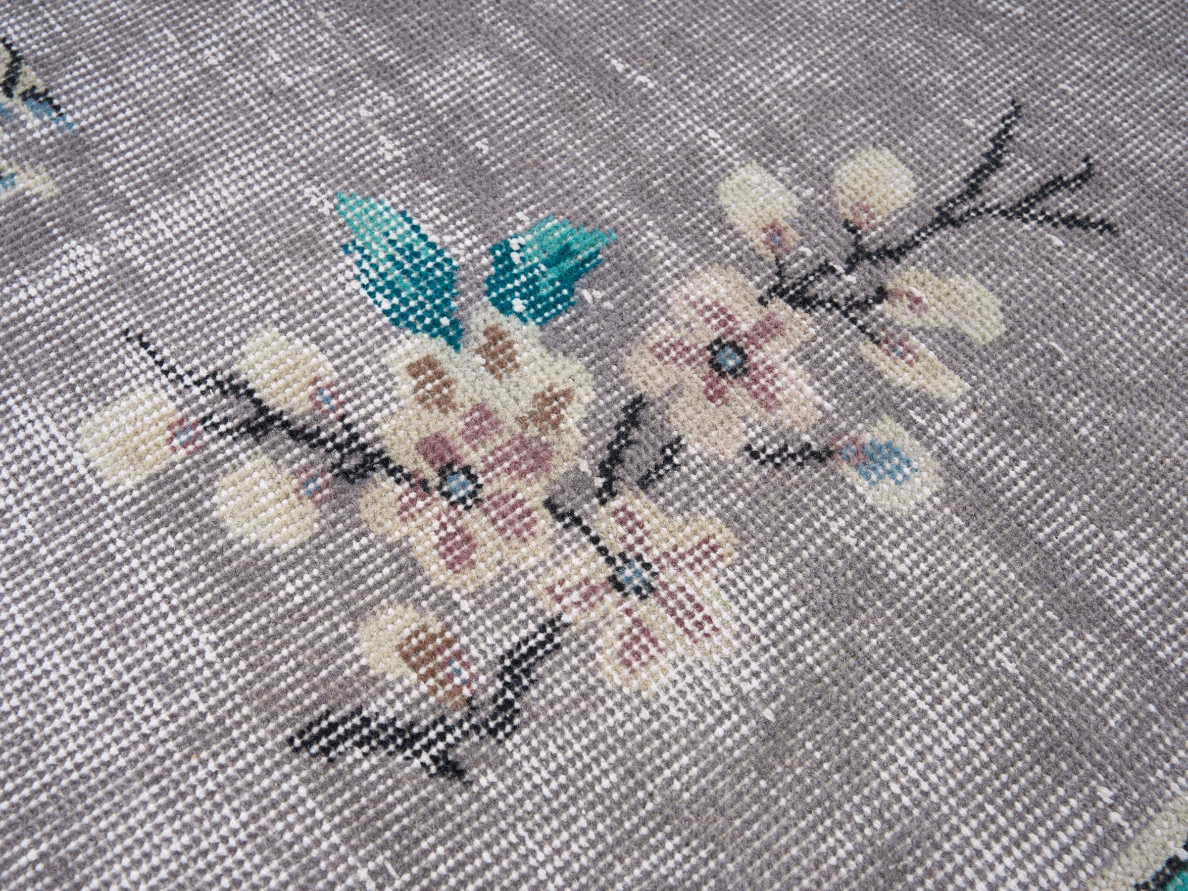 Turkish Isparta area rug in greige and turquoise, view 7 of 10