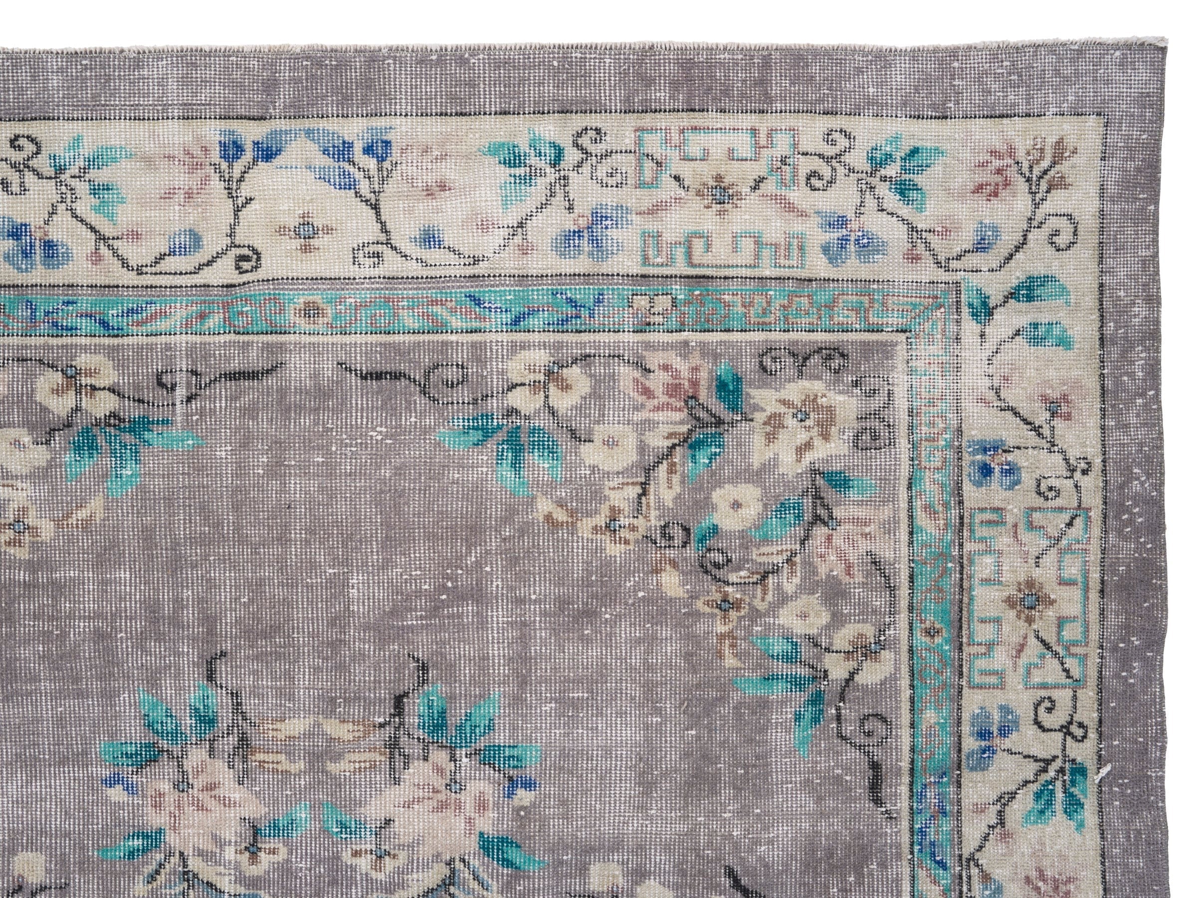 Turkish Isparta area rug in greige and turquoise, view 8 of 10