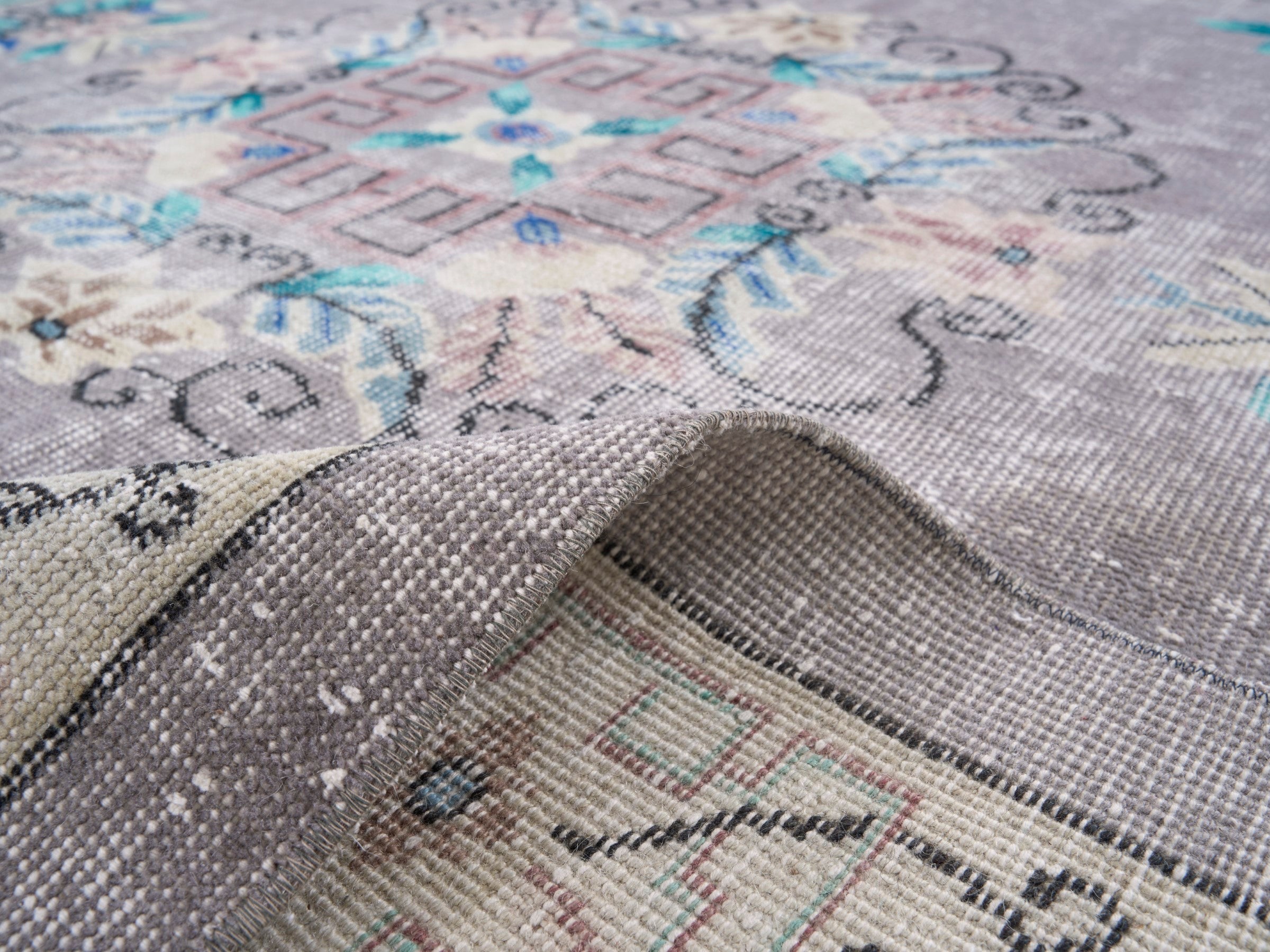 Turkish Isparta area rug in greige and turquoise, view 9 of 10