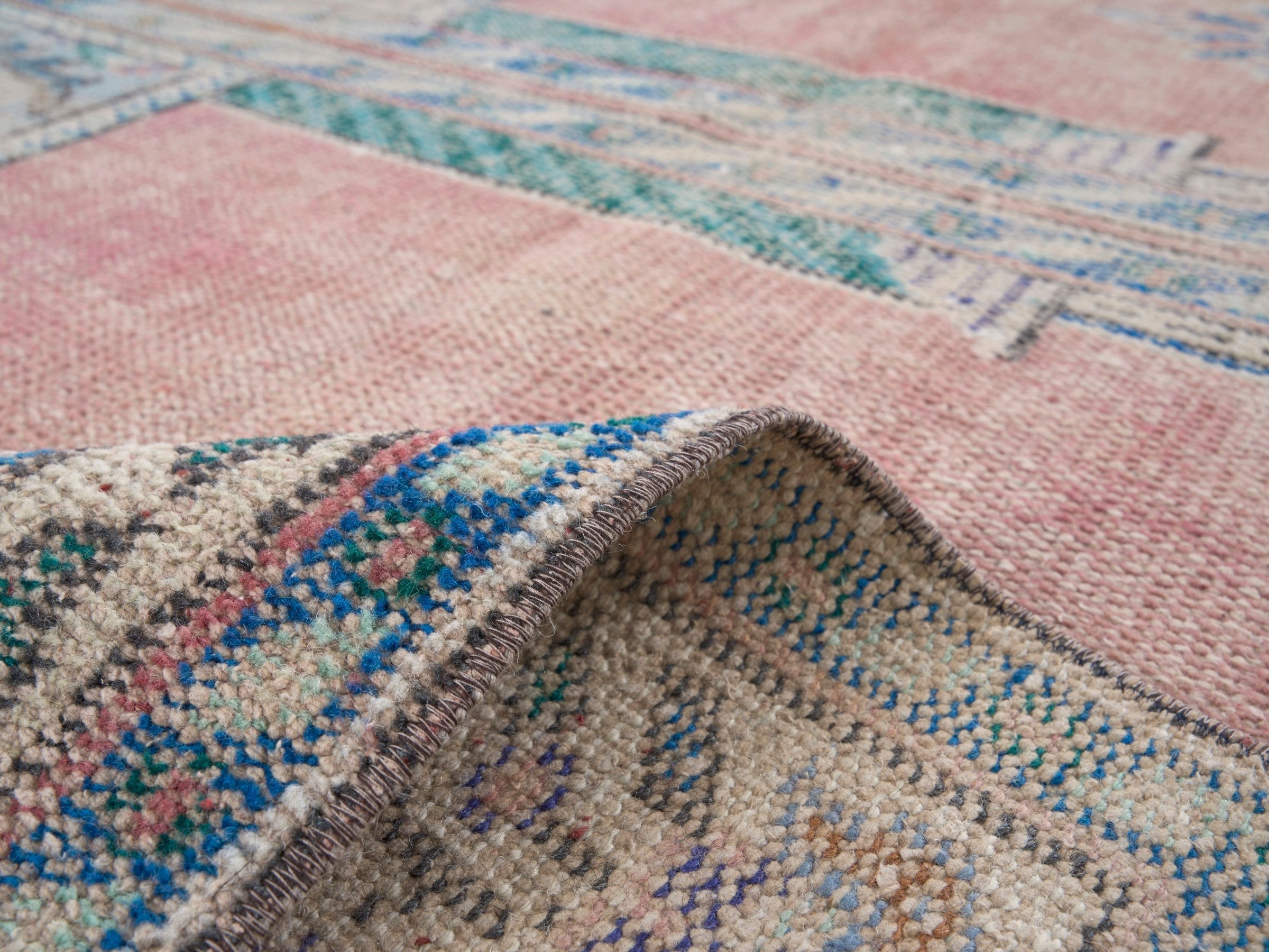 Turkish Isparta runner rug in muted pink and cream, view 9 of 10