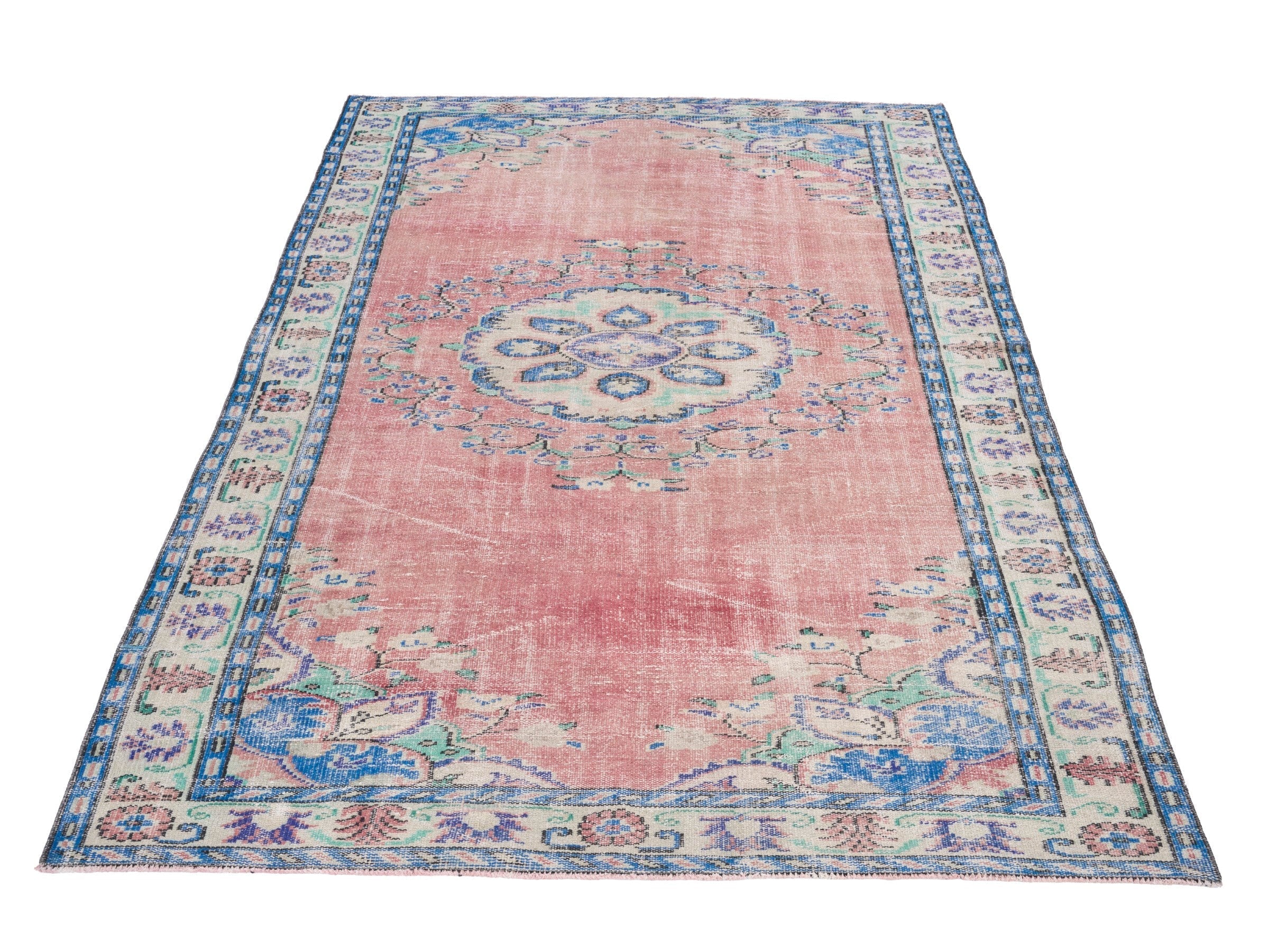 Turkish Manisa area rug in muted pink and denim, view 2 of 10