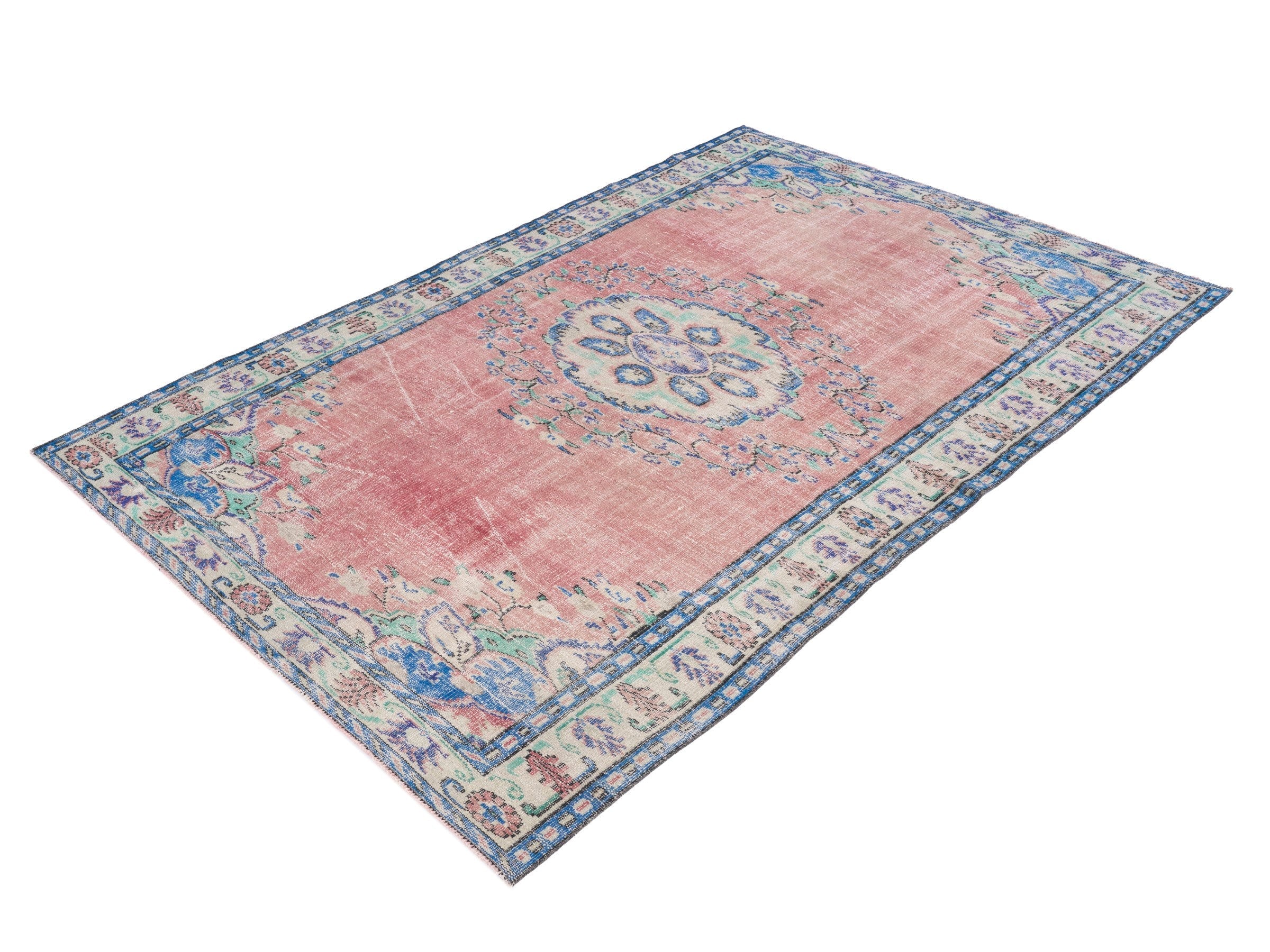 Turkish Manisa area rug in muted pink and denim, view 3 of 10