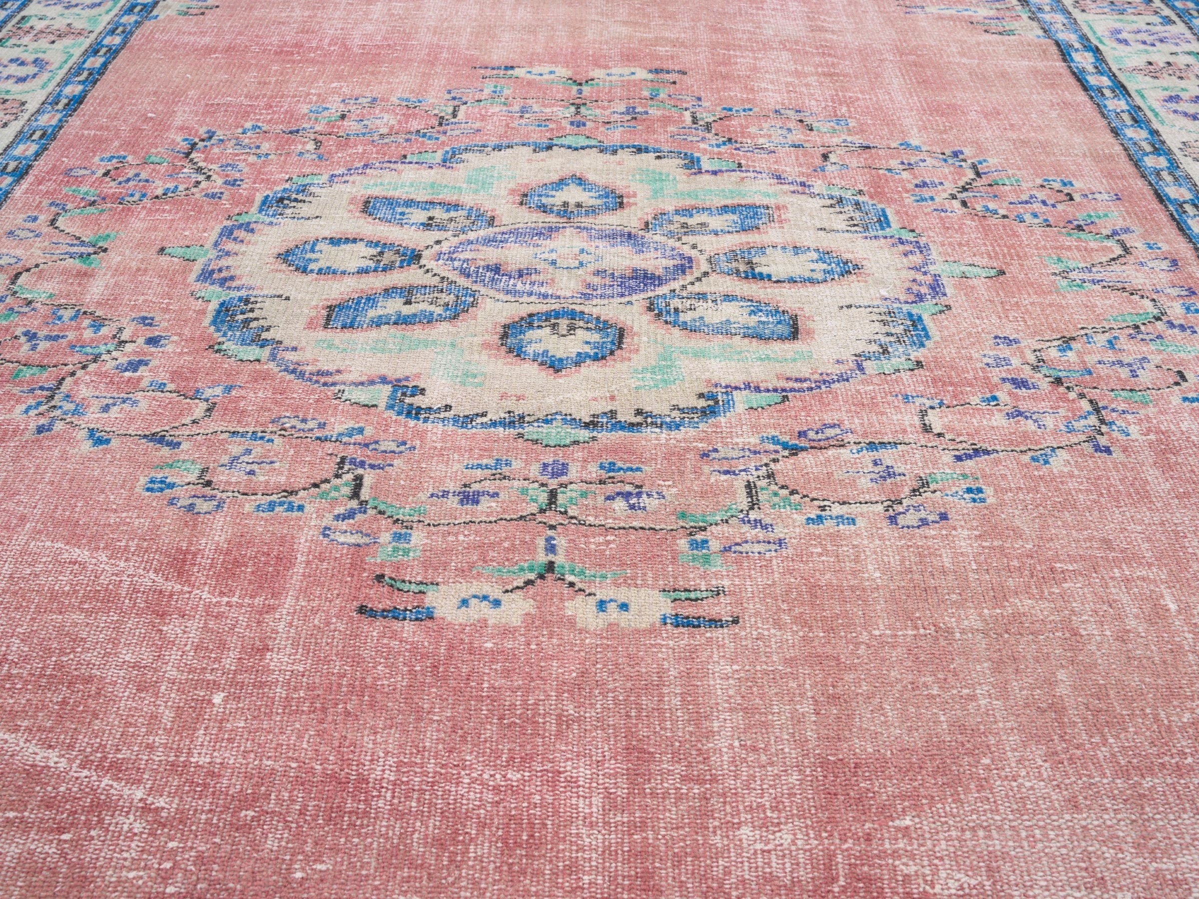 Turkish Manisa area rug in muted pink and denim, view 4 of 10