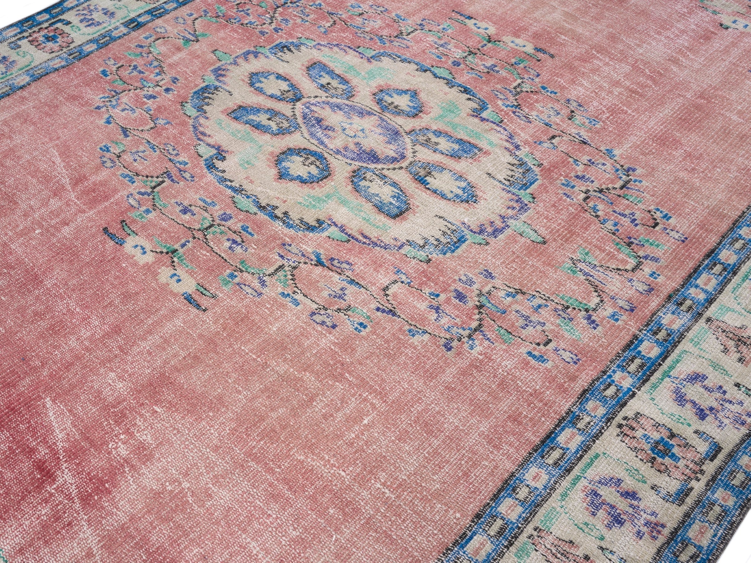 Turkish Manisa area rug in muted pink and denim, view 5 of 10