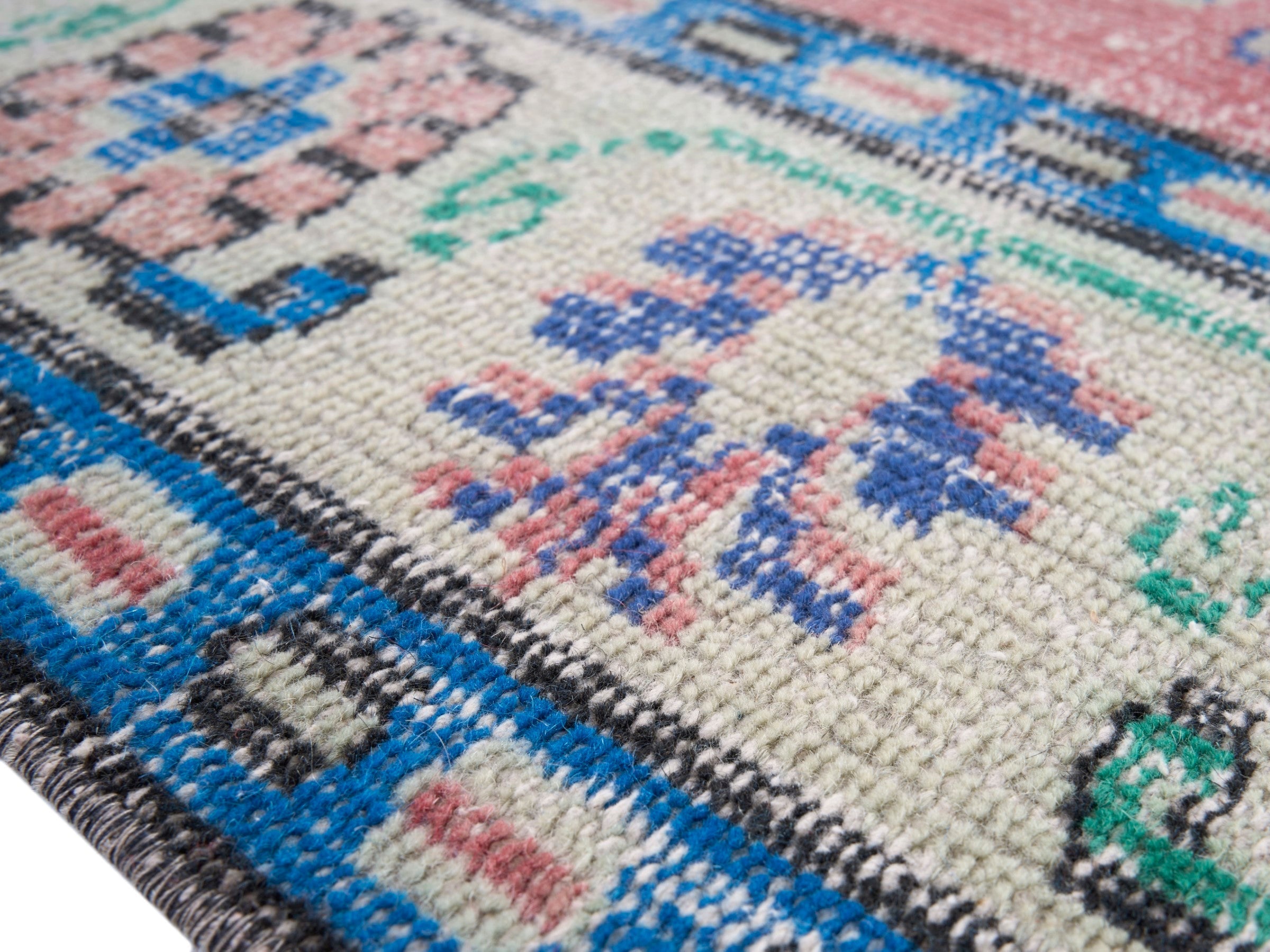 Turkish Manisa area rug in muted pink and denim, view 6 of 10