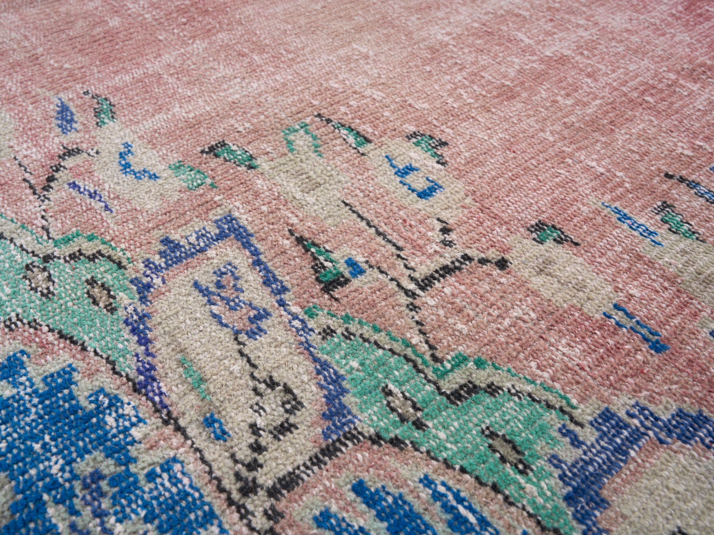 Turkish Manisa area rug in muted pink and denim, view 7 of 10