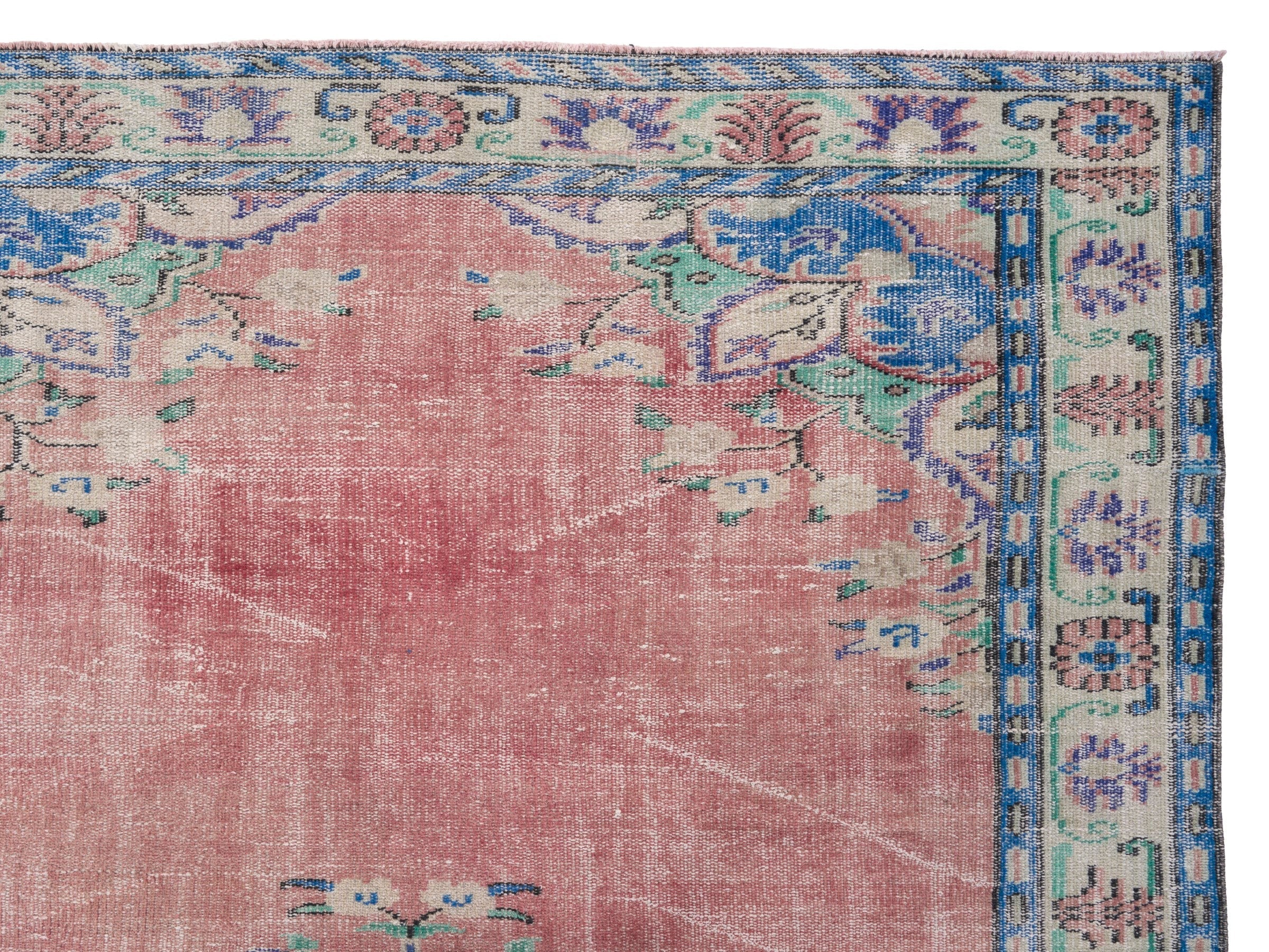 Turkish Manisa area rug in muted pink and denim, view 8 of 10