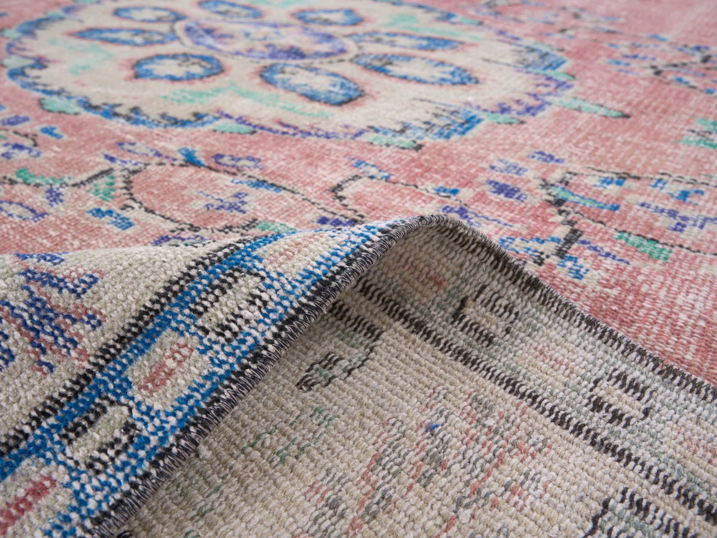 Turkish Manisa area rug in muted pink and denim, view 9 of 10