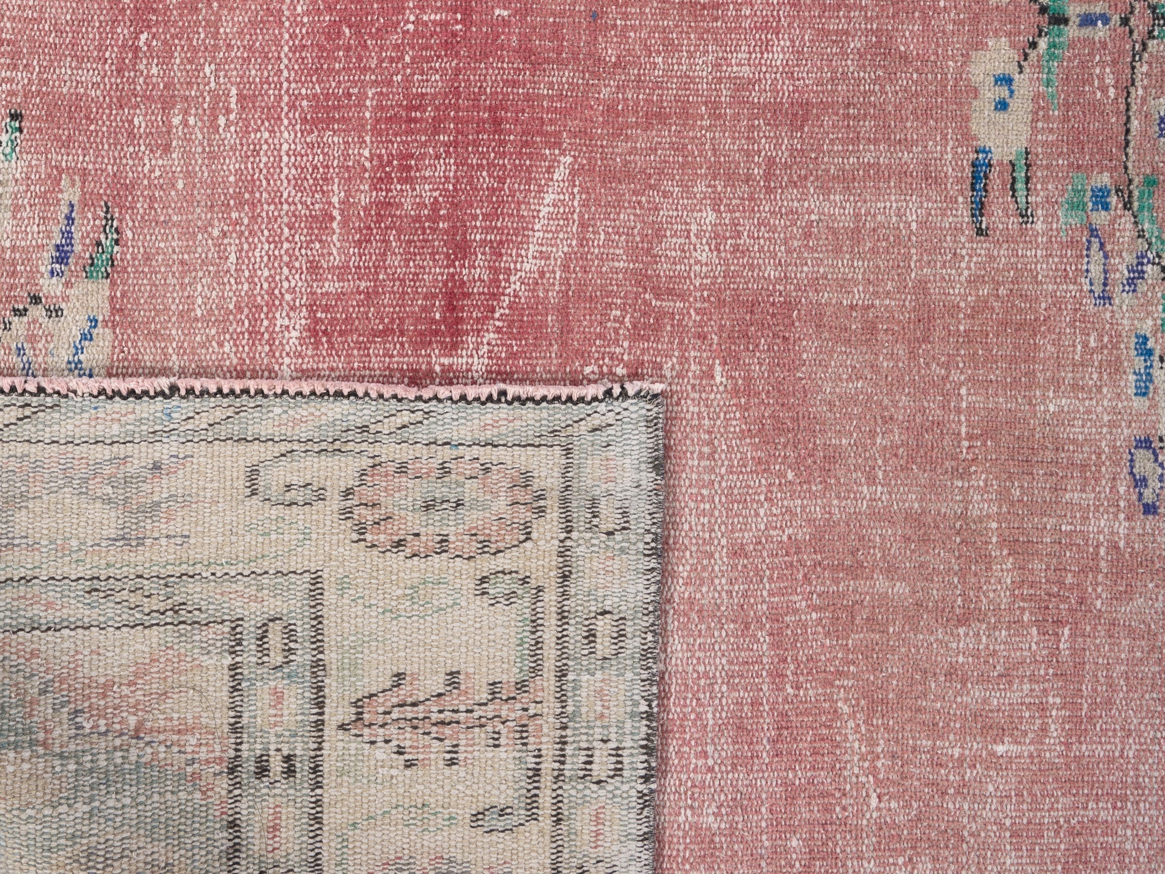 Turkish Manisa area rug in muted pink and denim, view 10 of 10