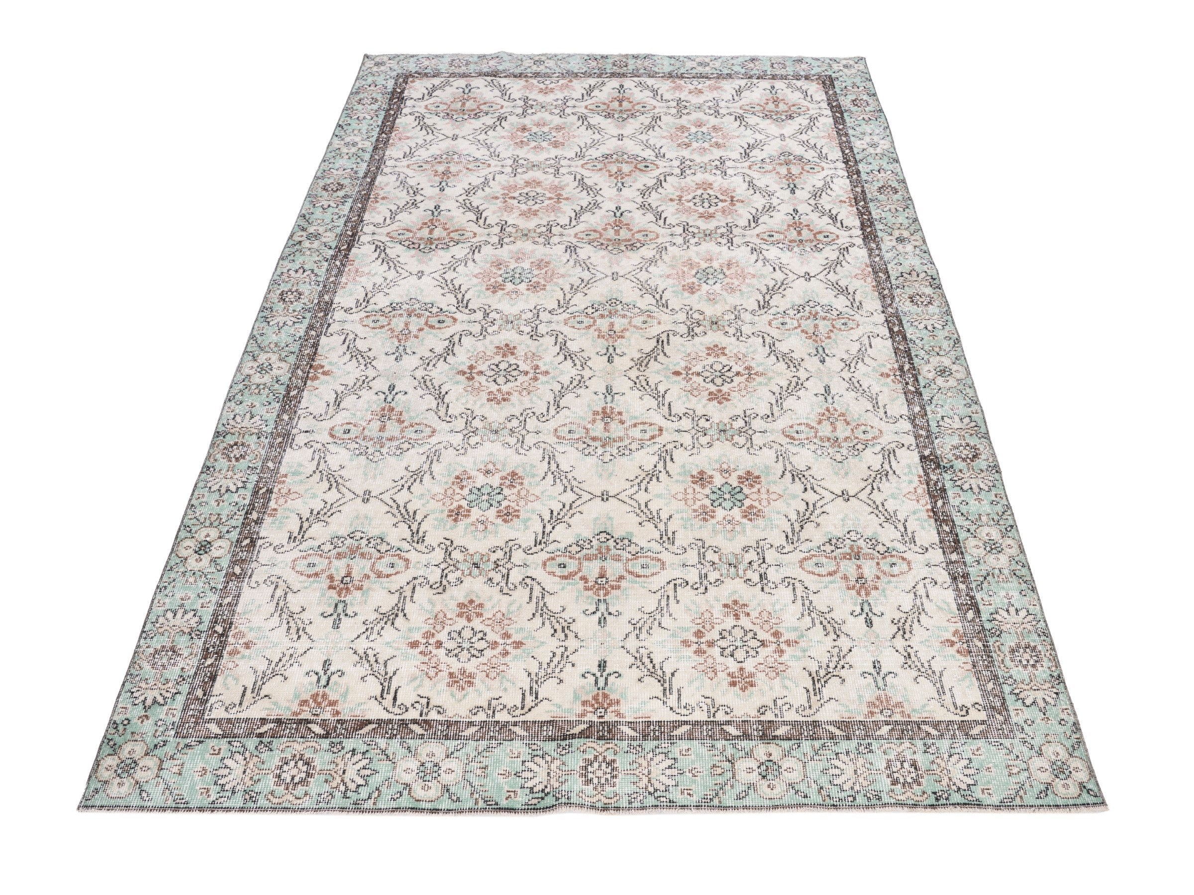 Turkish Isparta area rug in cream and sage, view 2 of 10