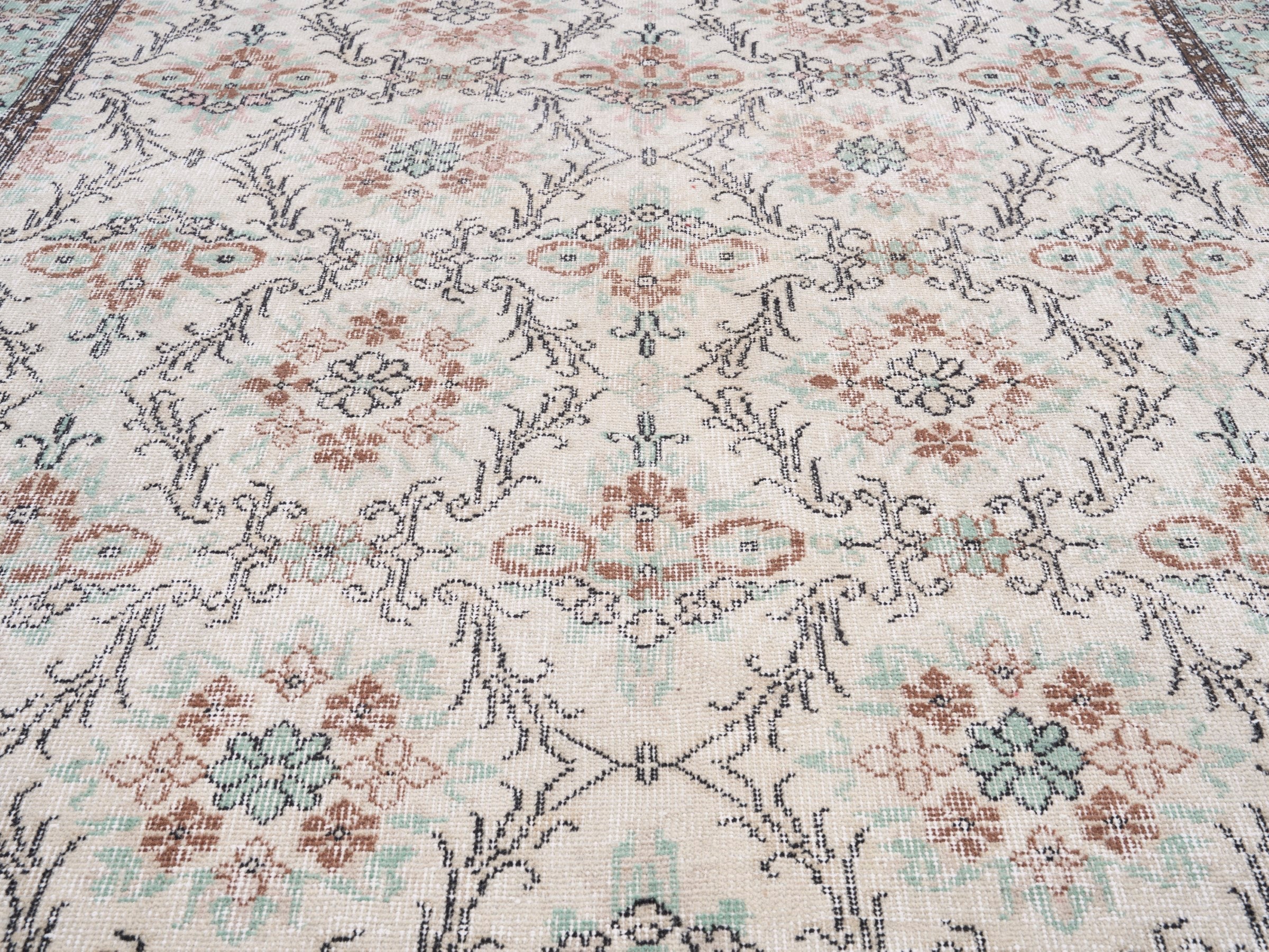 Turkish Isparta area rug in cream and sage, view 4 of 10