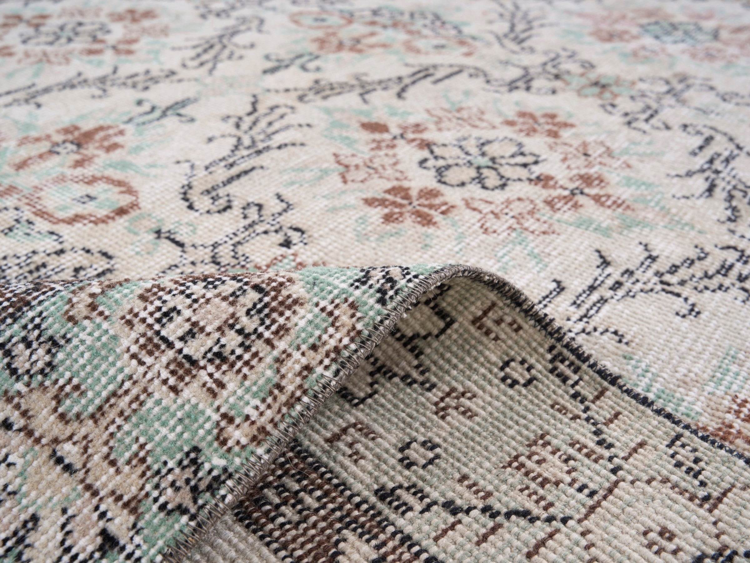 Turkish Isparta area rug in cream and sage, view 9 of 10