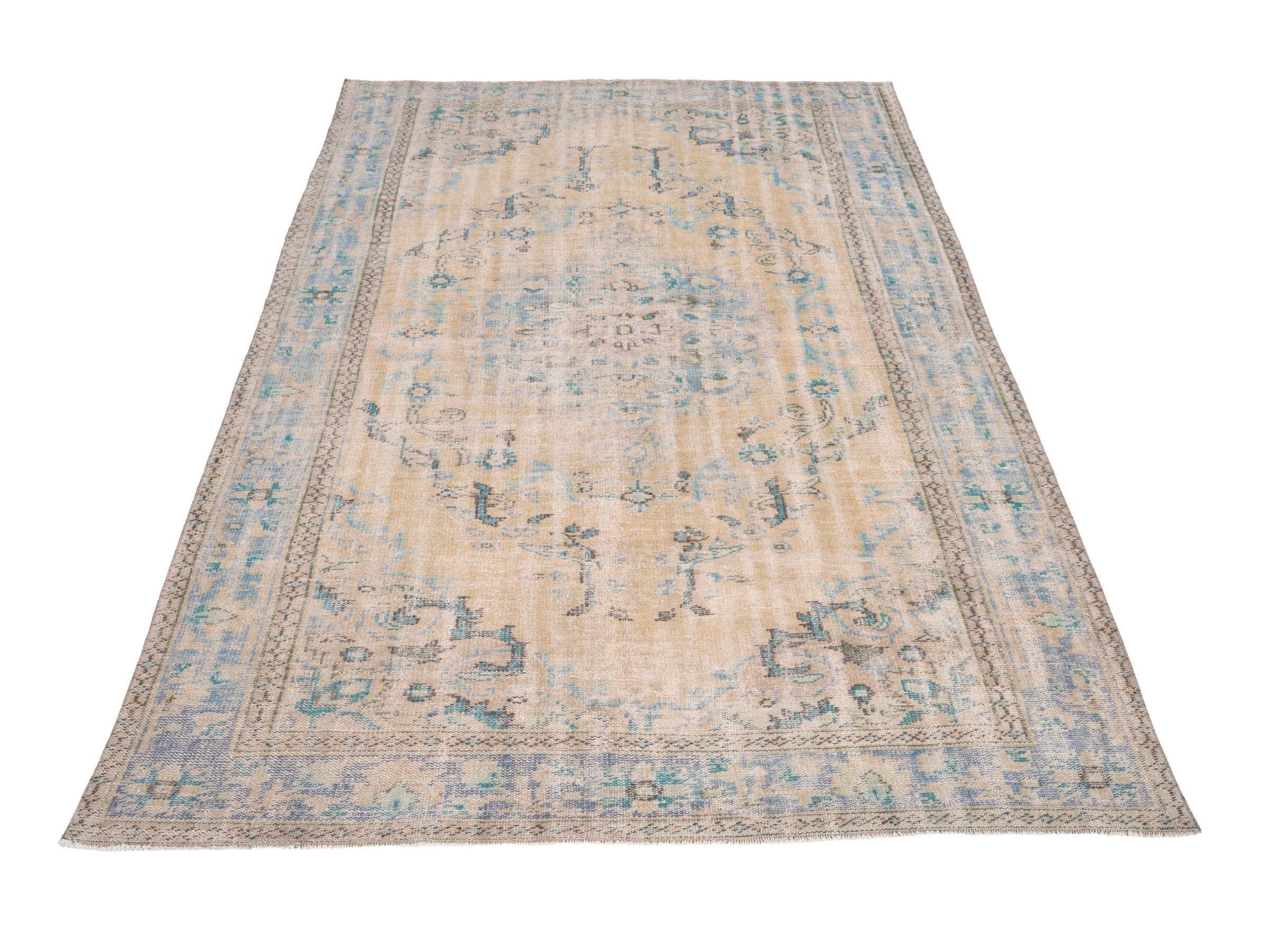 Turkish Manisa area rug in cream and dusty blue, view 2 of 10