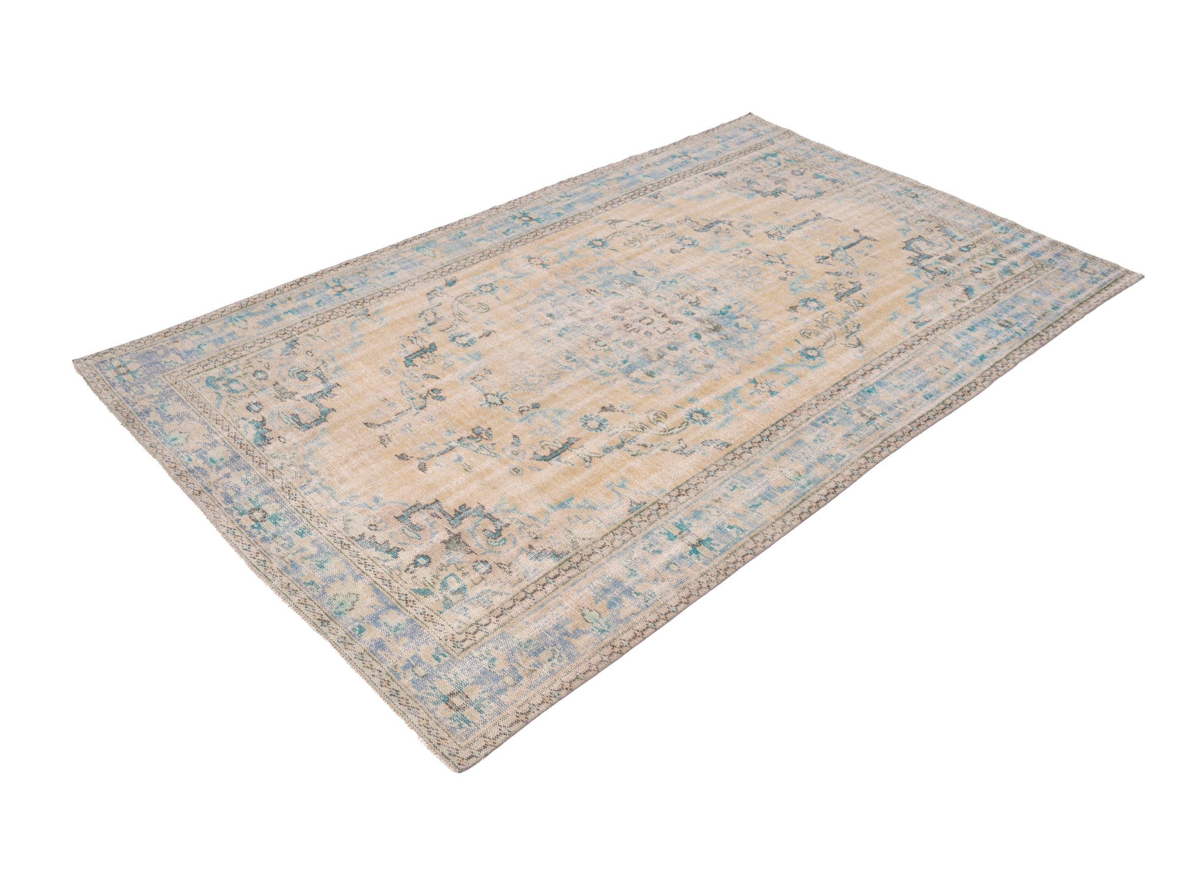 Turkish Manisa area rug in cream and dusty blue, view 3 of 10