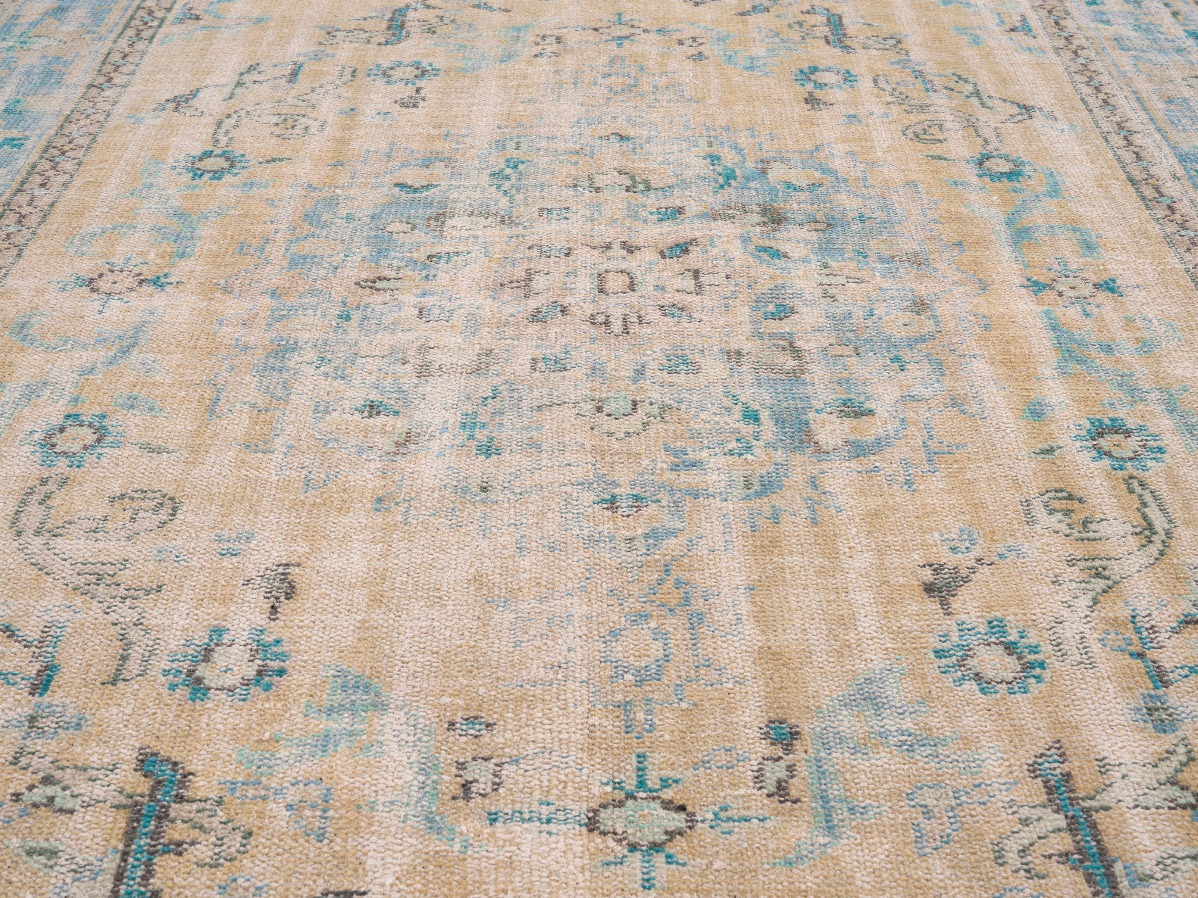 Turkish Manisa area rug in cream and dusty blue, view 4 of 10