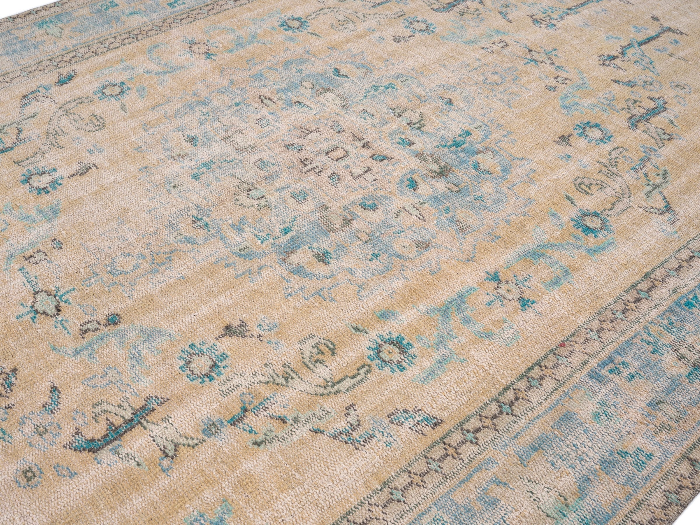 Turkish Manisa area rug in cream and dusty blue, view 5 of 10