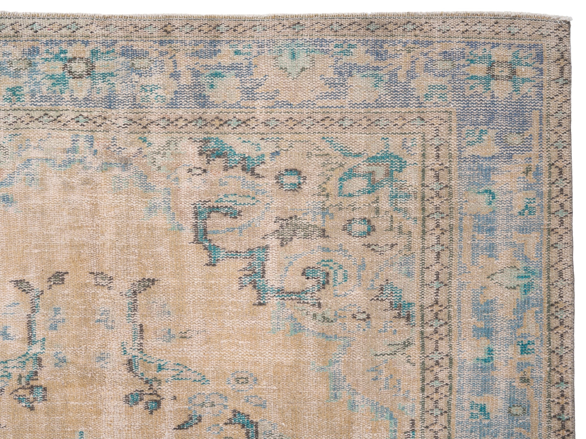 Turkish Manisa area rug in cream and dusty blue, view 8 of 10