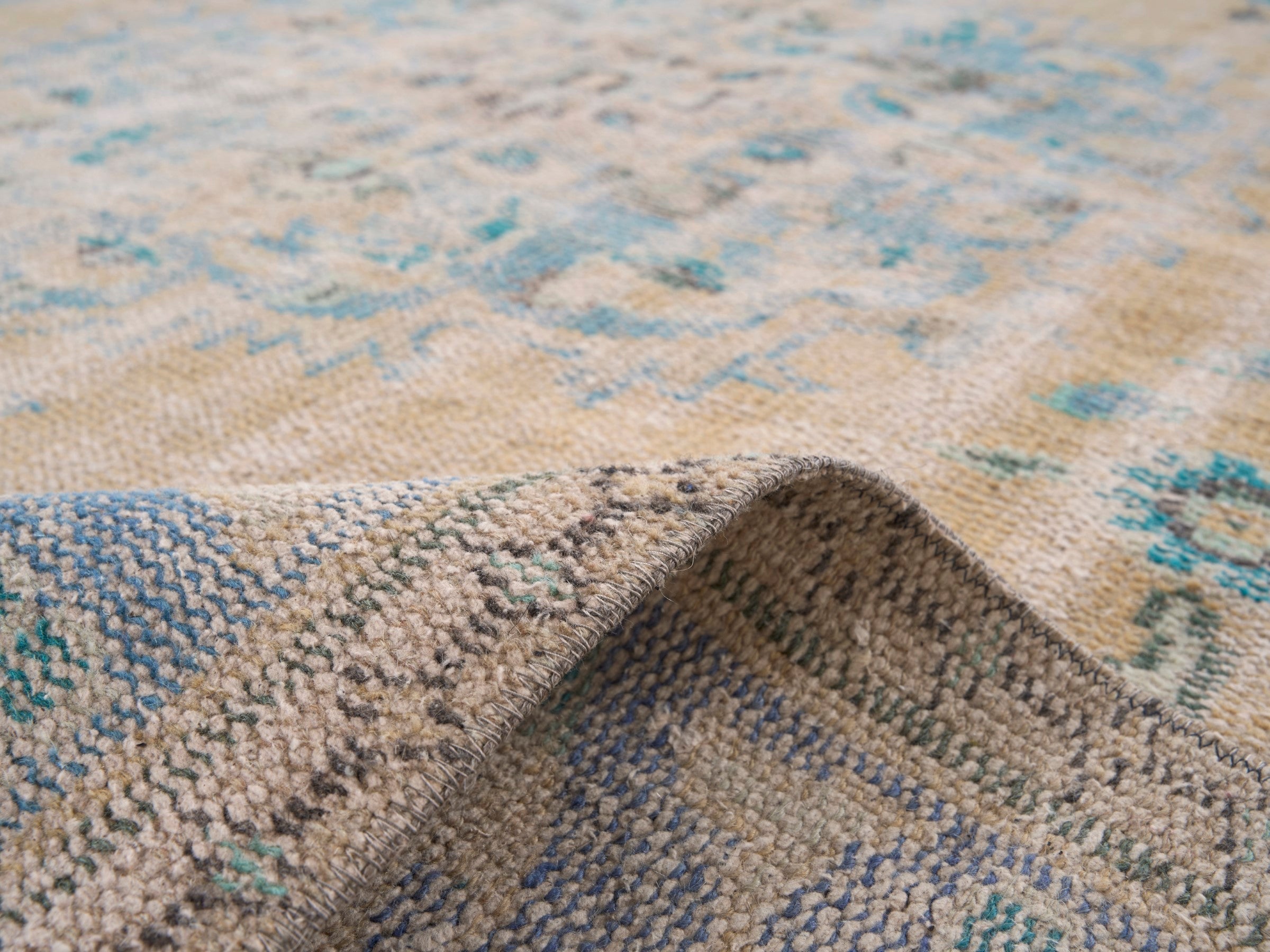 Turkish Manisa area rug in cream and dusty blue, view 9 of 10