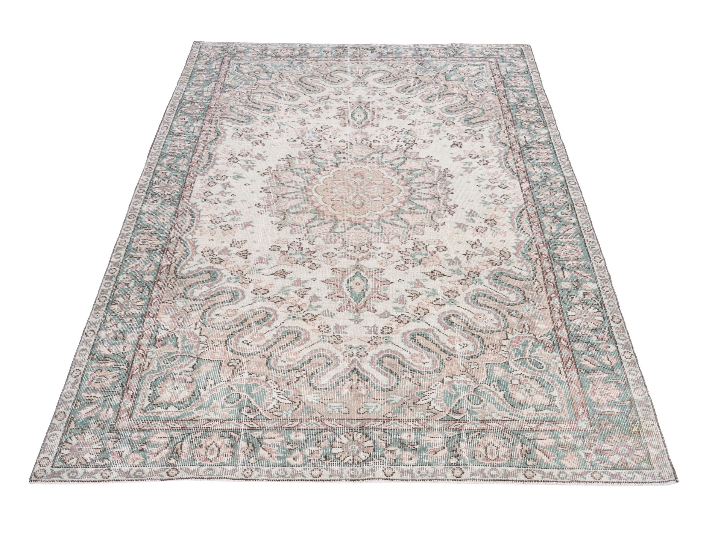 Turkish Isparta area rug in cream and sage, view 2 of 10
