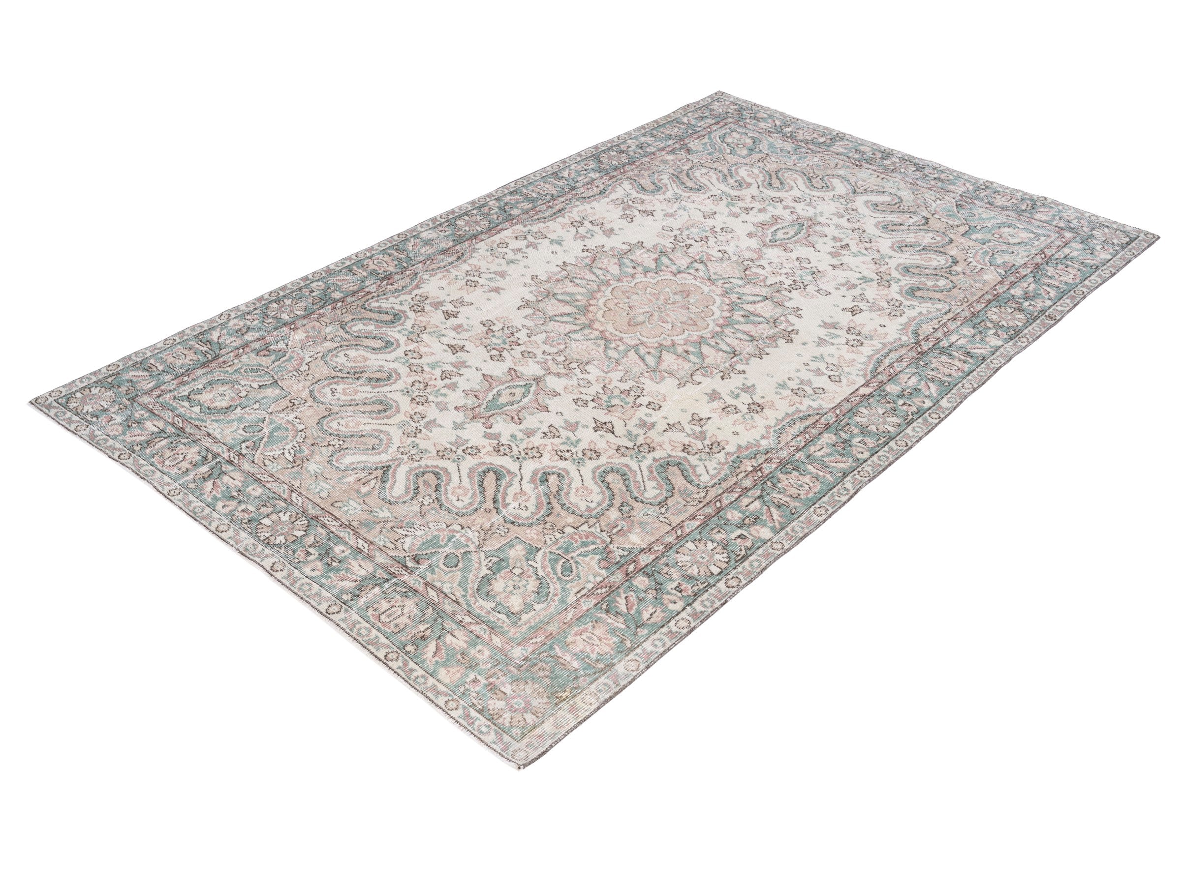 Turkish Isparta area rug in cream and sage, view 3 of 10