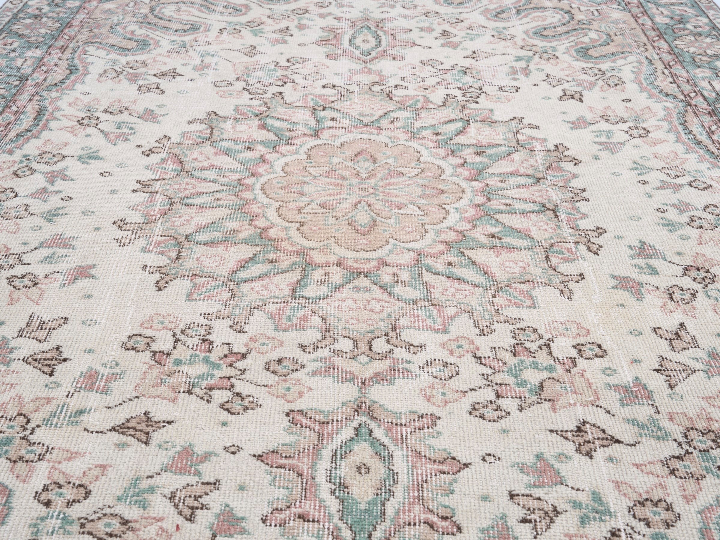 Turkish Isparta area rug in cream and sage, view 4 of 10