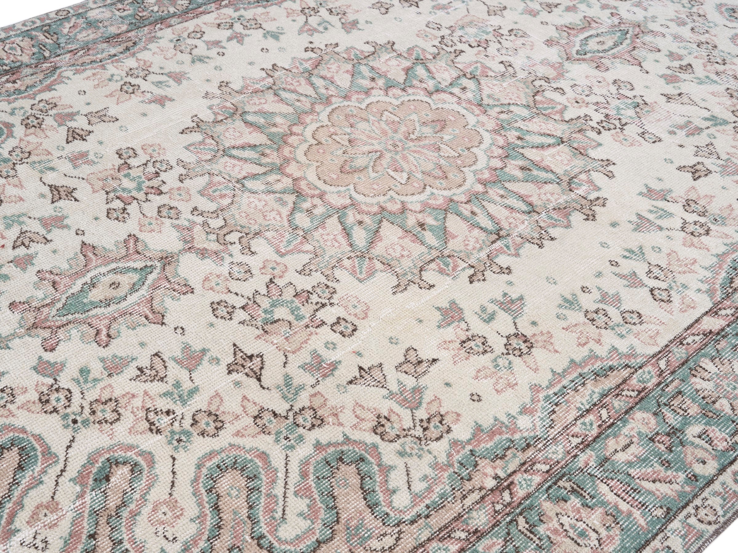 Turkish Isparta area rug in cream and sage, view 5 of 10