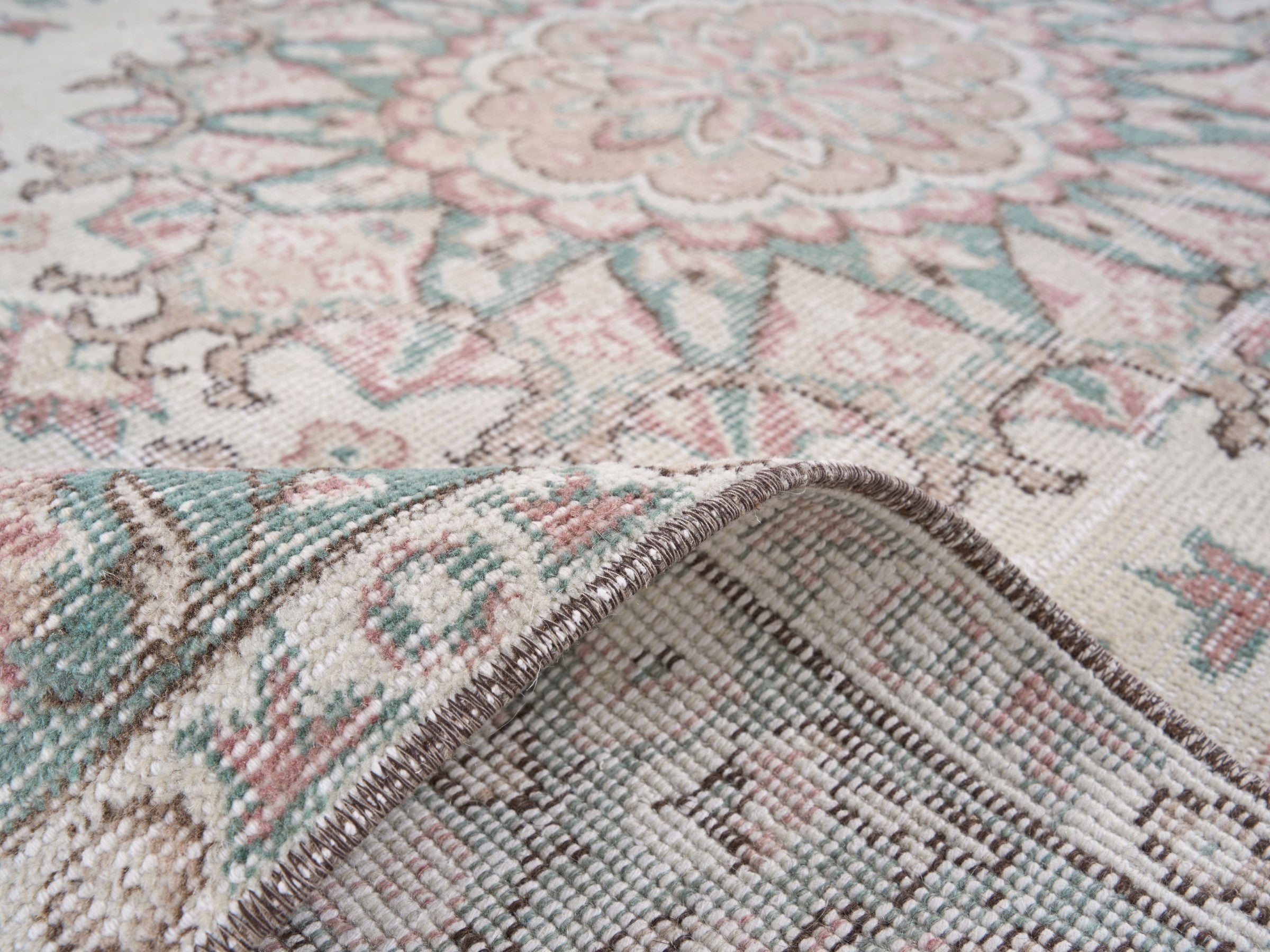 Turkish Isparta area rug in cream and sage, view 9 of 10