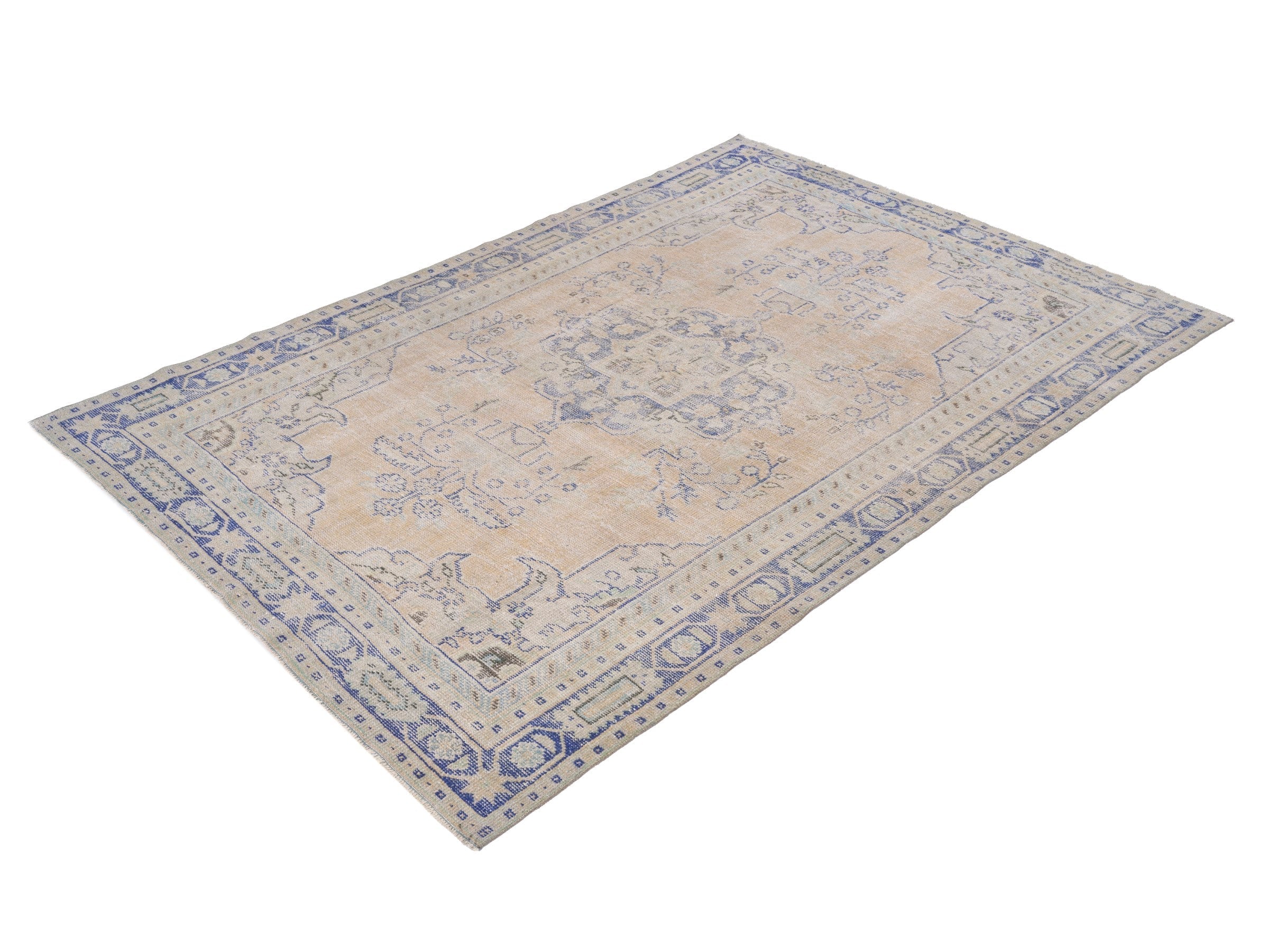 Turkish Manisa area rug in cream and dusty blue, view 3 of 10