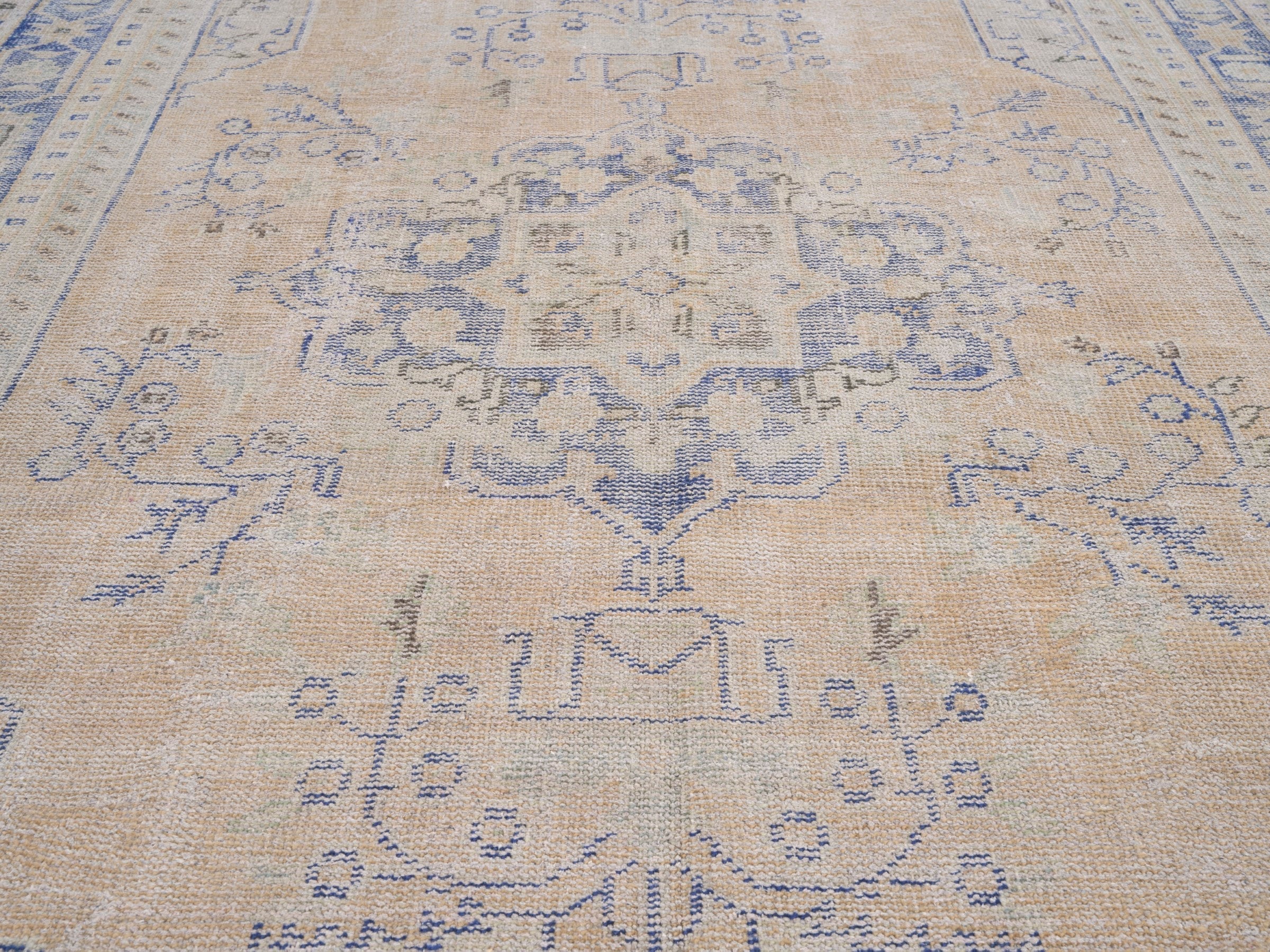 Turkish Manisa area rug in cream and dusty blue, view 4 of 10