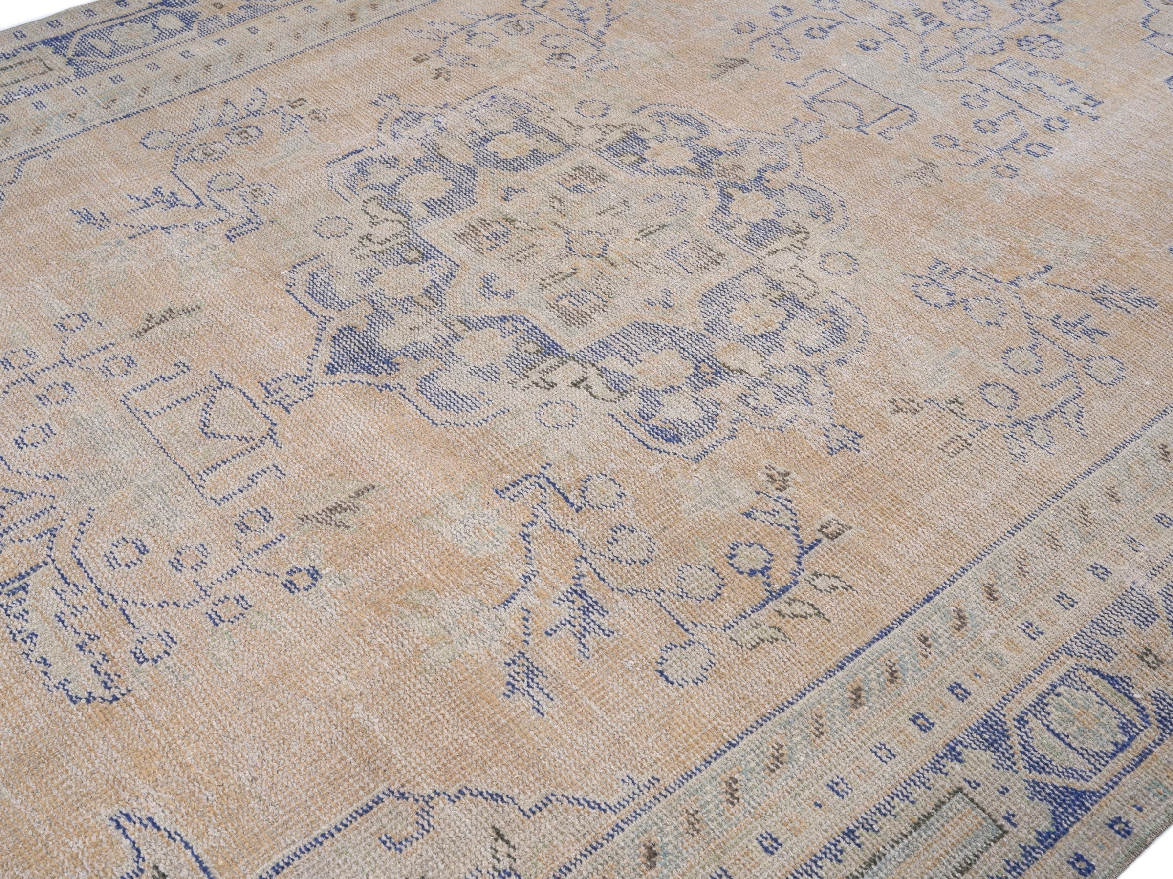 Turkish Manisa area rug in cream and dusty blue, view 5 of 10