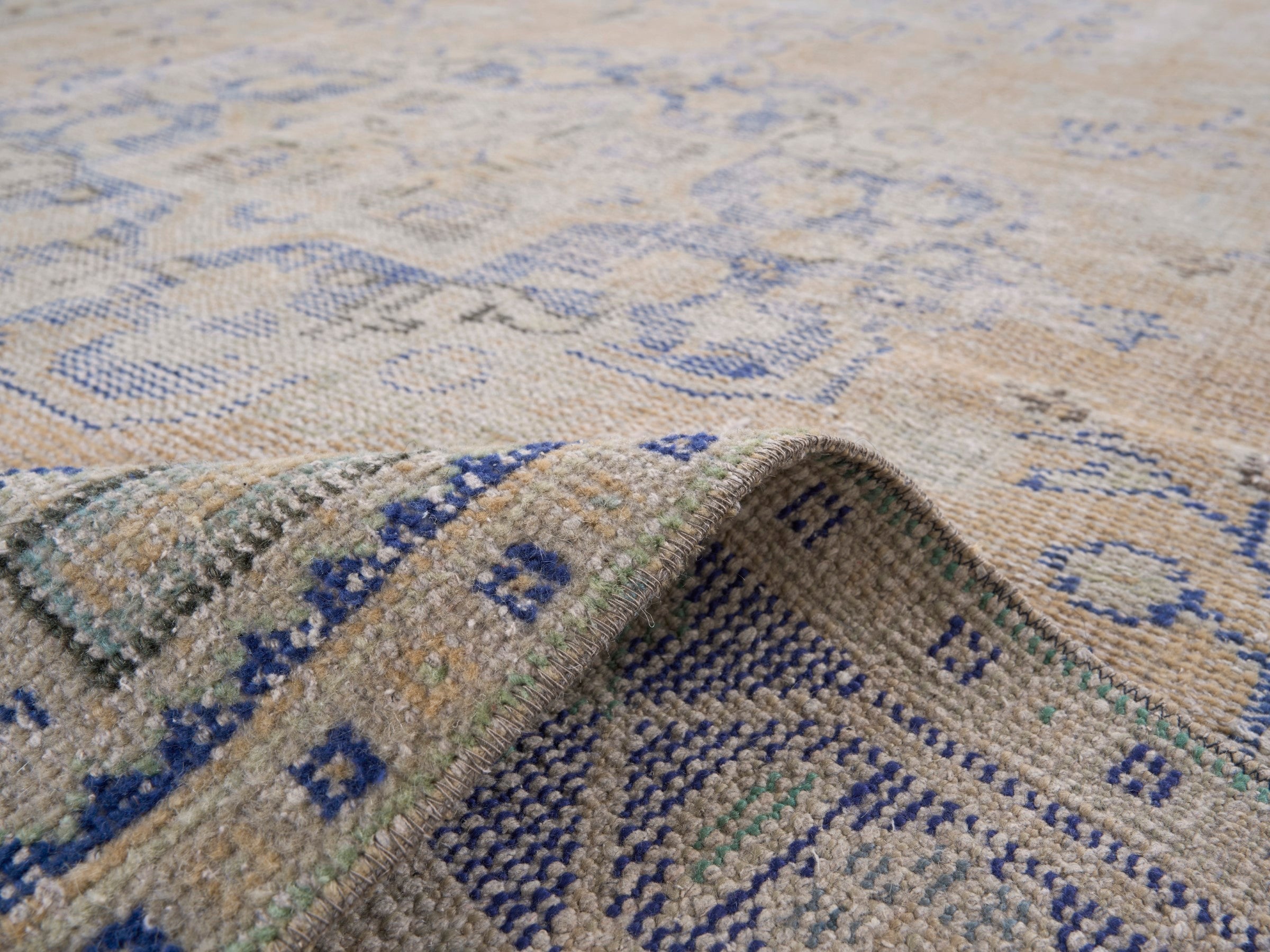 Turkish Manisa area rug in cream and dusty blue, view 9 of 10